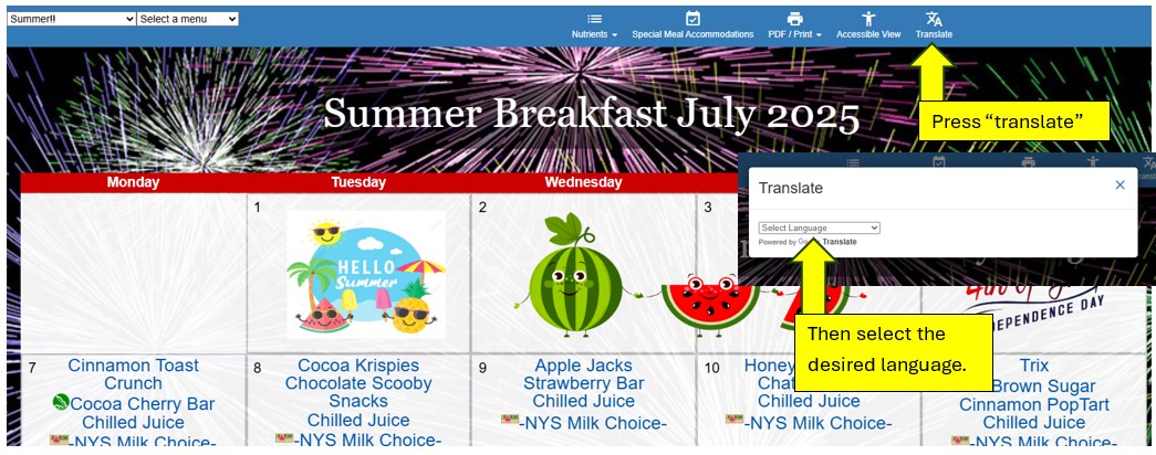 How to change the language on the BPS Menu Website