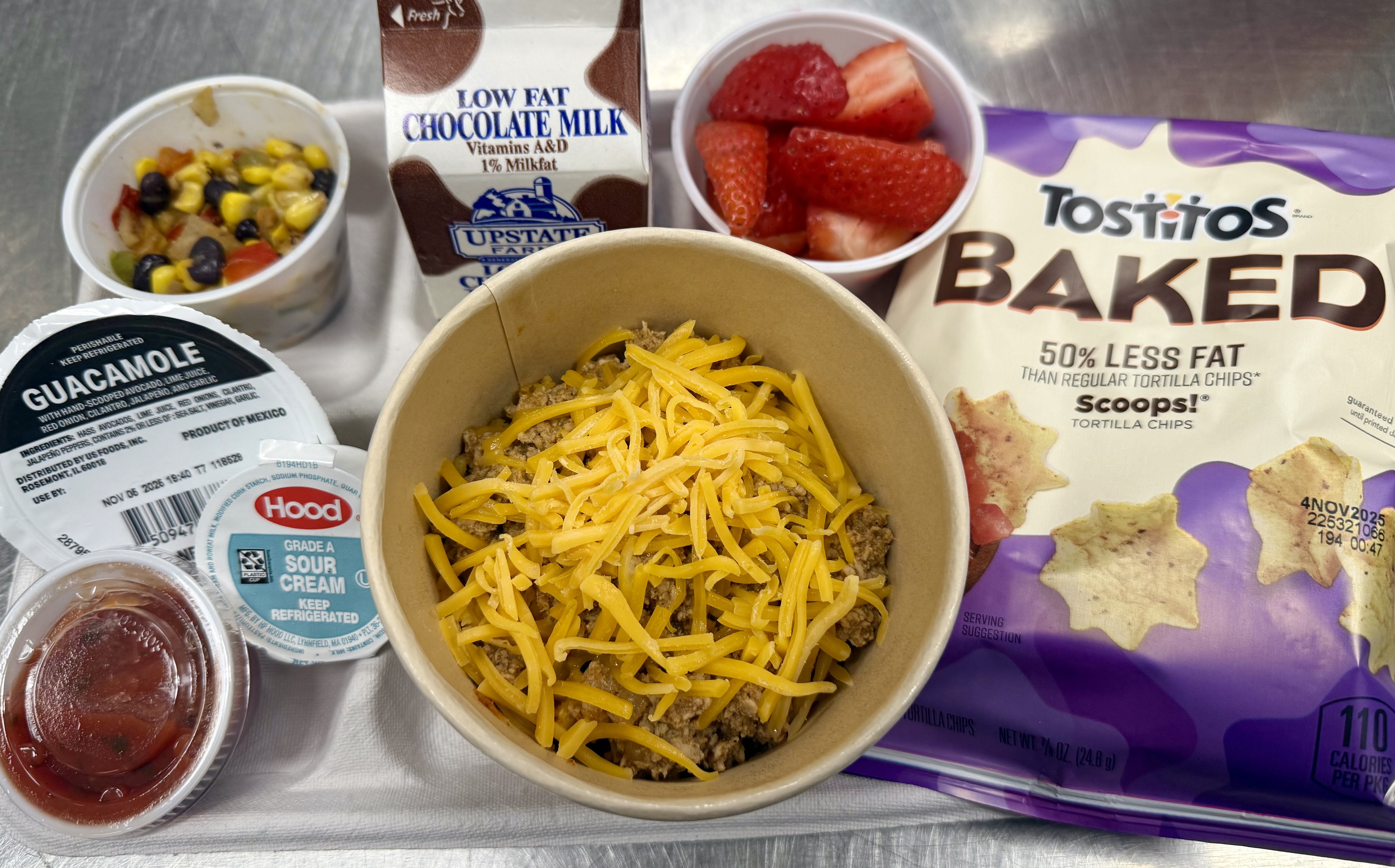 Lunch served on 9.12.2025- Mash Potatoes, Corn, Popcorn Chicken, Green Beans, Corn Muffing, Apple & Milk