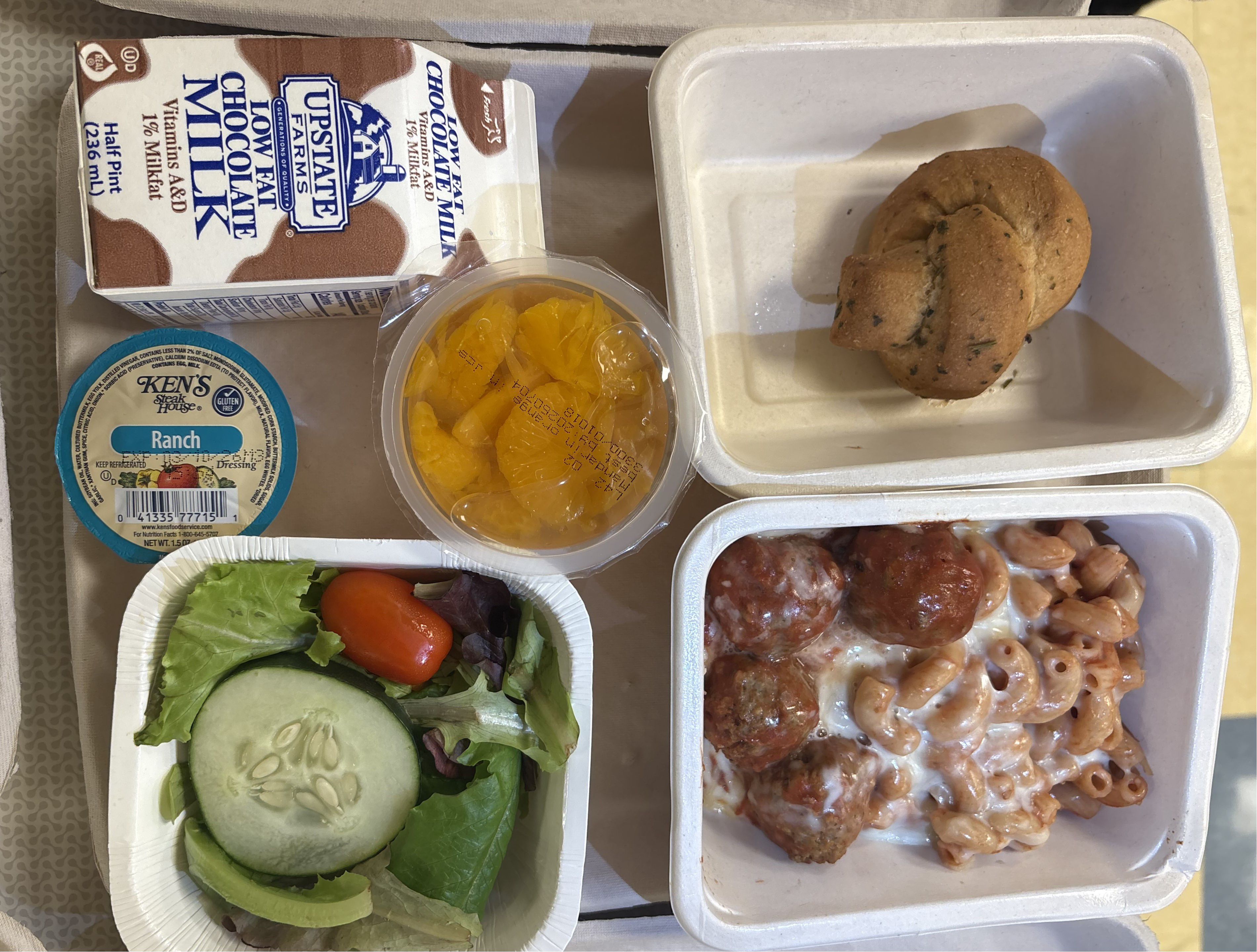 School West Buffalo Charter School - Prepack Lunch served 10.3.2025 Pasta with Meatballs, Garden Salad,, Garlic Knot, Mandarins fruit & Chocolate Milk