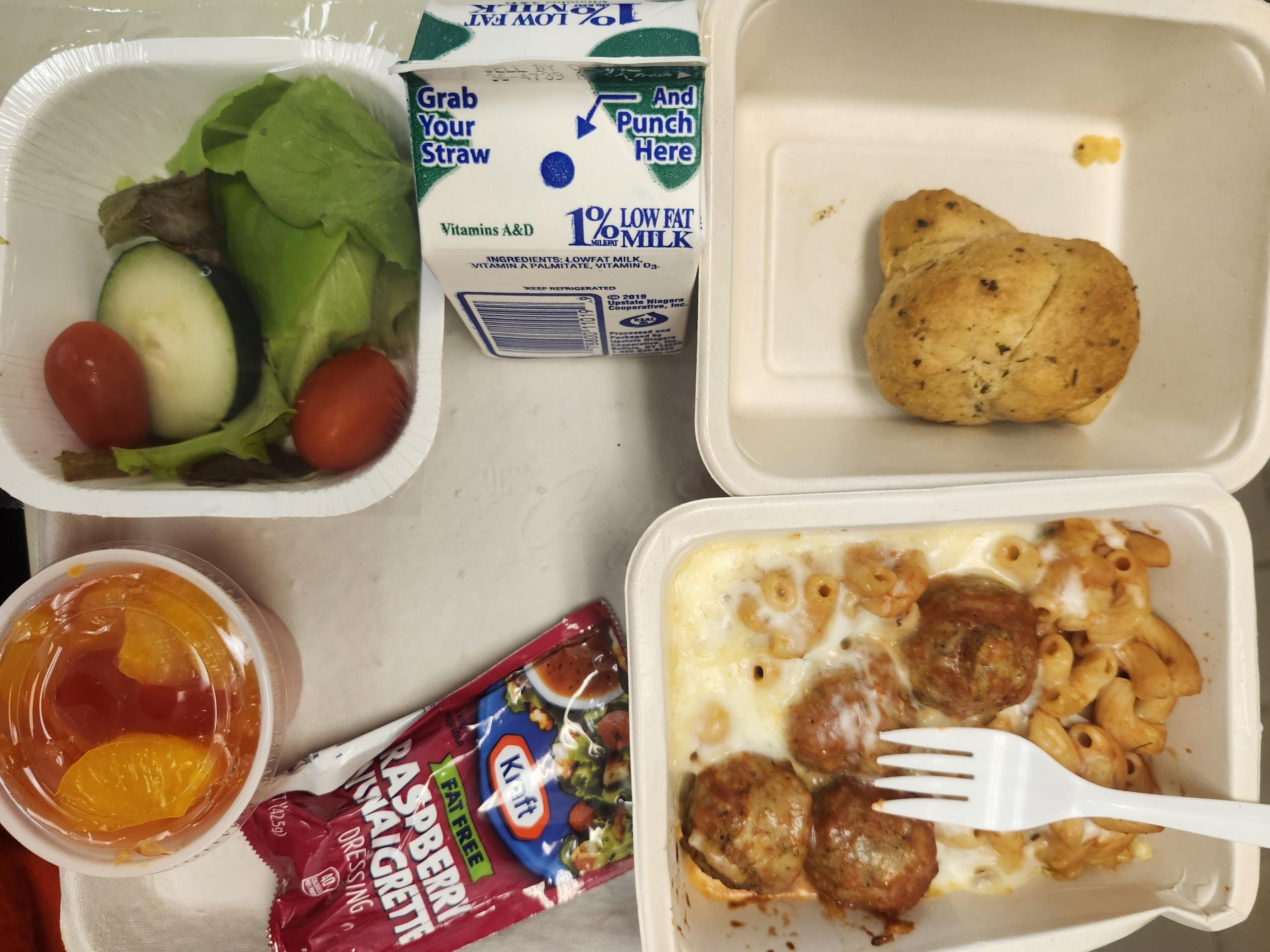 School 8 - Andrew James Prepack Lunch served 10.3.2025 Pasta with Meatballs, Garden Salad,, Garlic Knot, Fruit Cocktail & Milk