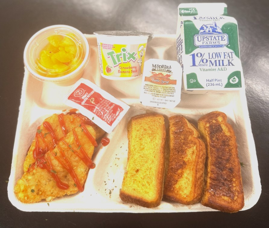 School 95- Lunch served on 10.6.25 French Toast sticks, Hash browns, Maple syrup, Peaches, Strawberry Banana Yogurt & Milk