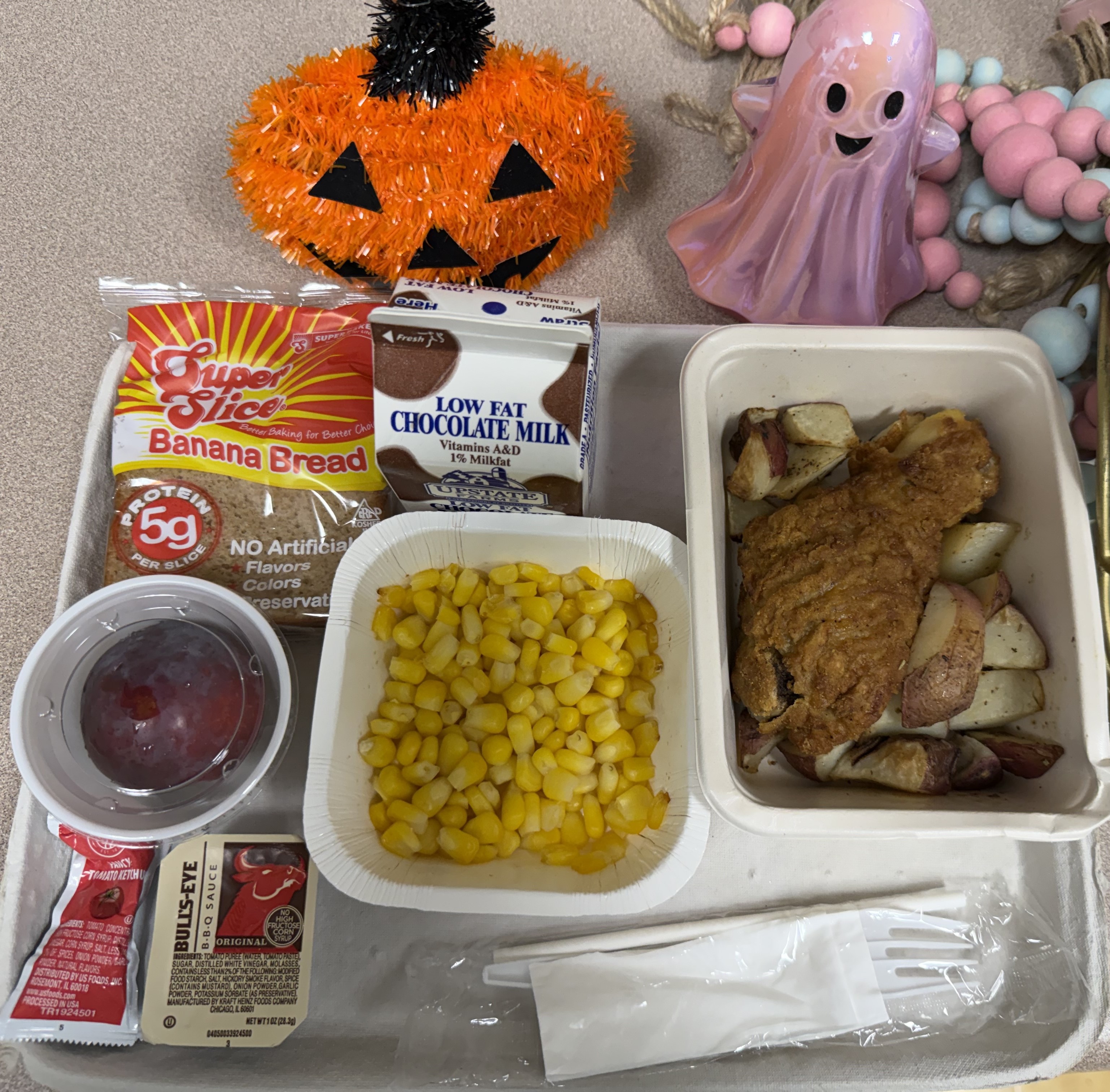 Reach - Prepack Meal - Lunch served on 10.9.25 Breaded Chicken Drumstick, Rosemary Potatoes, Sweet Corn, Banana Bread, Plum & Chocolate Milk