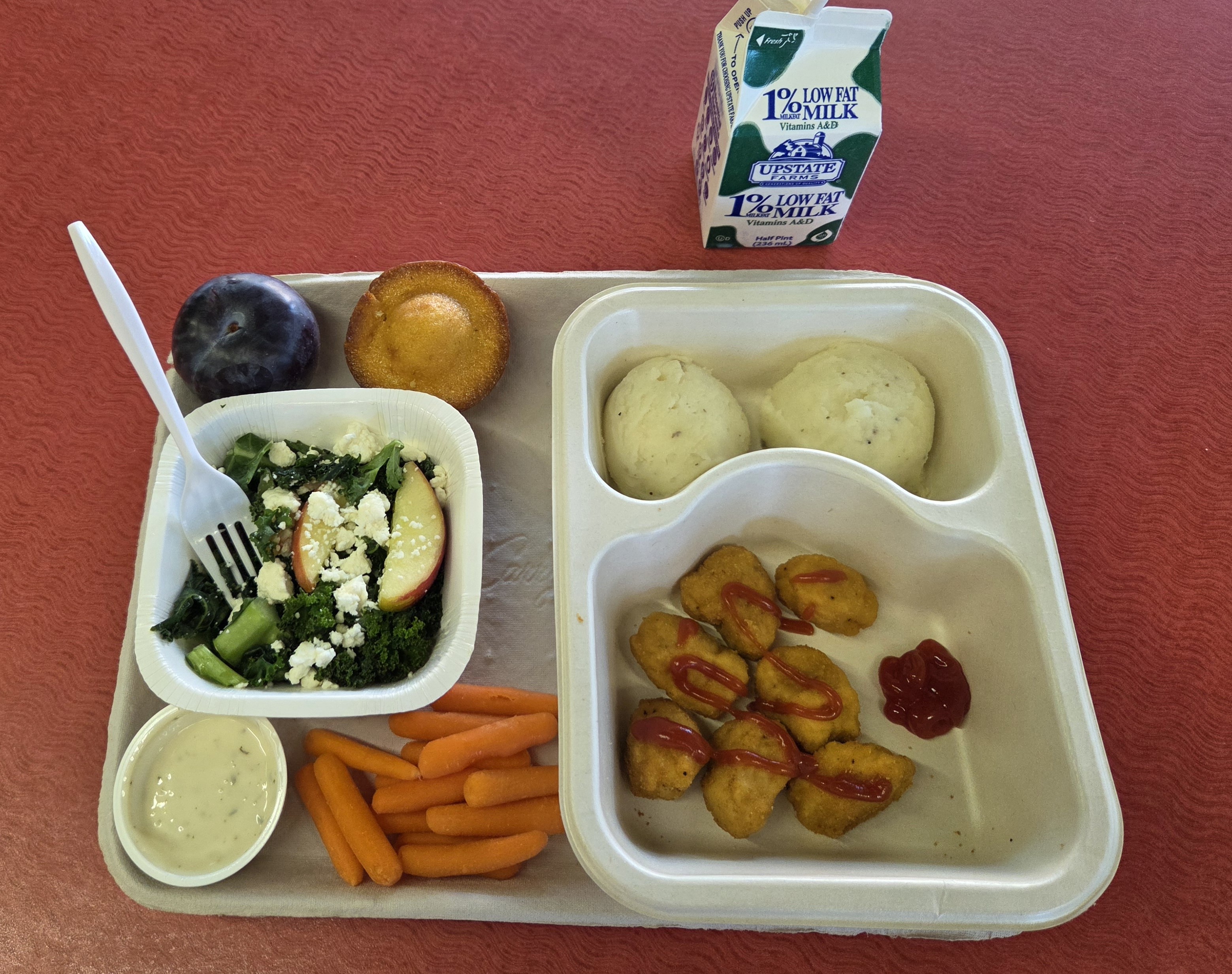 School 65 - Prepack lunch served on 10.10.25 Popcorn Chicken, Mashed Potatoes, Baby Carrots,, Corn Muffin, NY Kale Salad, Plum & Milk
