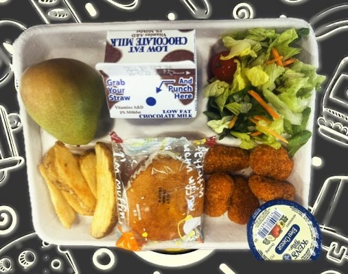School 50- Lunch served on 10.17.25 Veggie Buffalo Nuggets, Potato Wedges, Garden Salad, Banana Bread, Blue Cheese, Pear and Chocolate milk