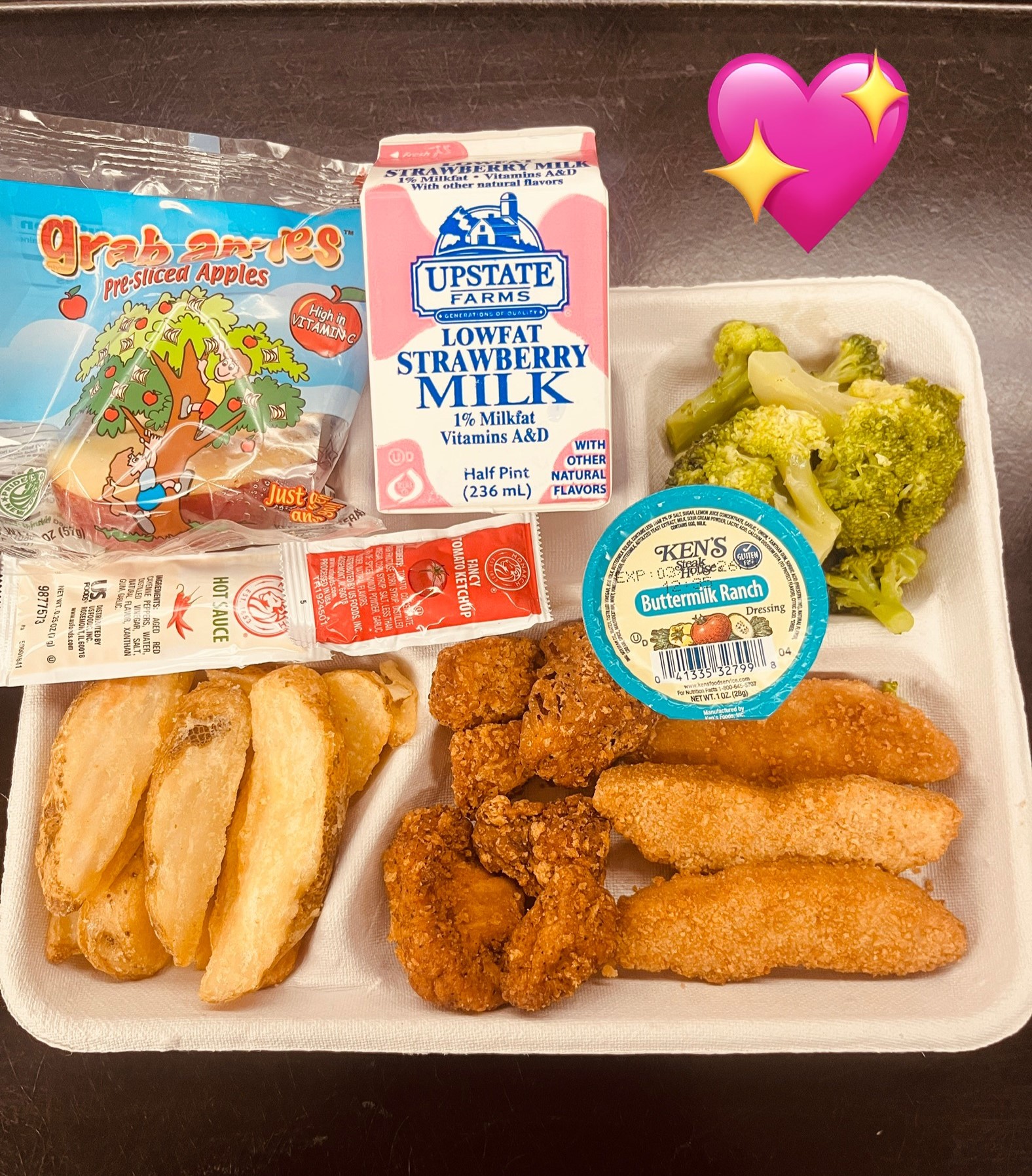 School 95- Lunch served on 10.17.25 Halal-Veg Meal with NY Mushrooms, Potato Wedges, Broccoli, Apple slices and Strawberry Milk