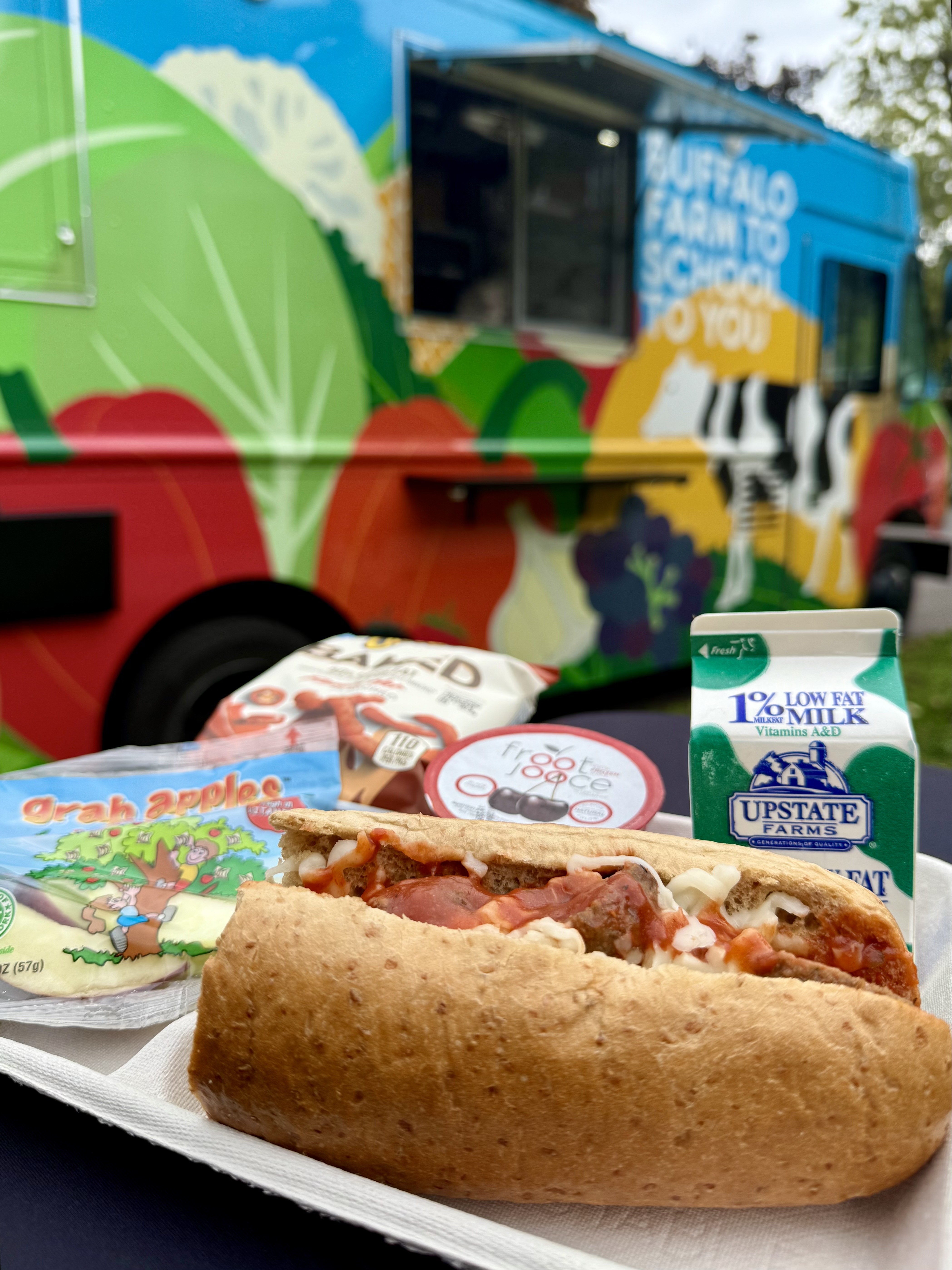 School 198- 10.17.2025  Food Truck during National School Lunch Week  serving Meatballs sub, Baked chips, Apple slices & Milk
