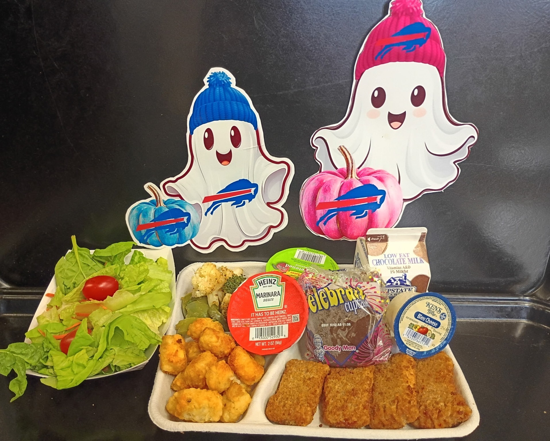 School 207- Lunch served on 10.24.25 Halal Option Pizza Crunchers, Tater Tots, Roasted Broccoli-Cauliflower, Garden Salad, Apple Sauce, Creme Filled Chocolate Cupcake, Chocolate Milk