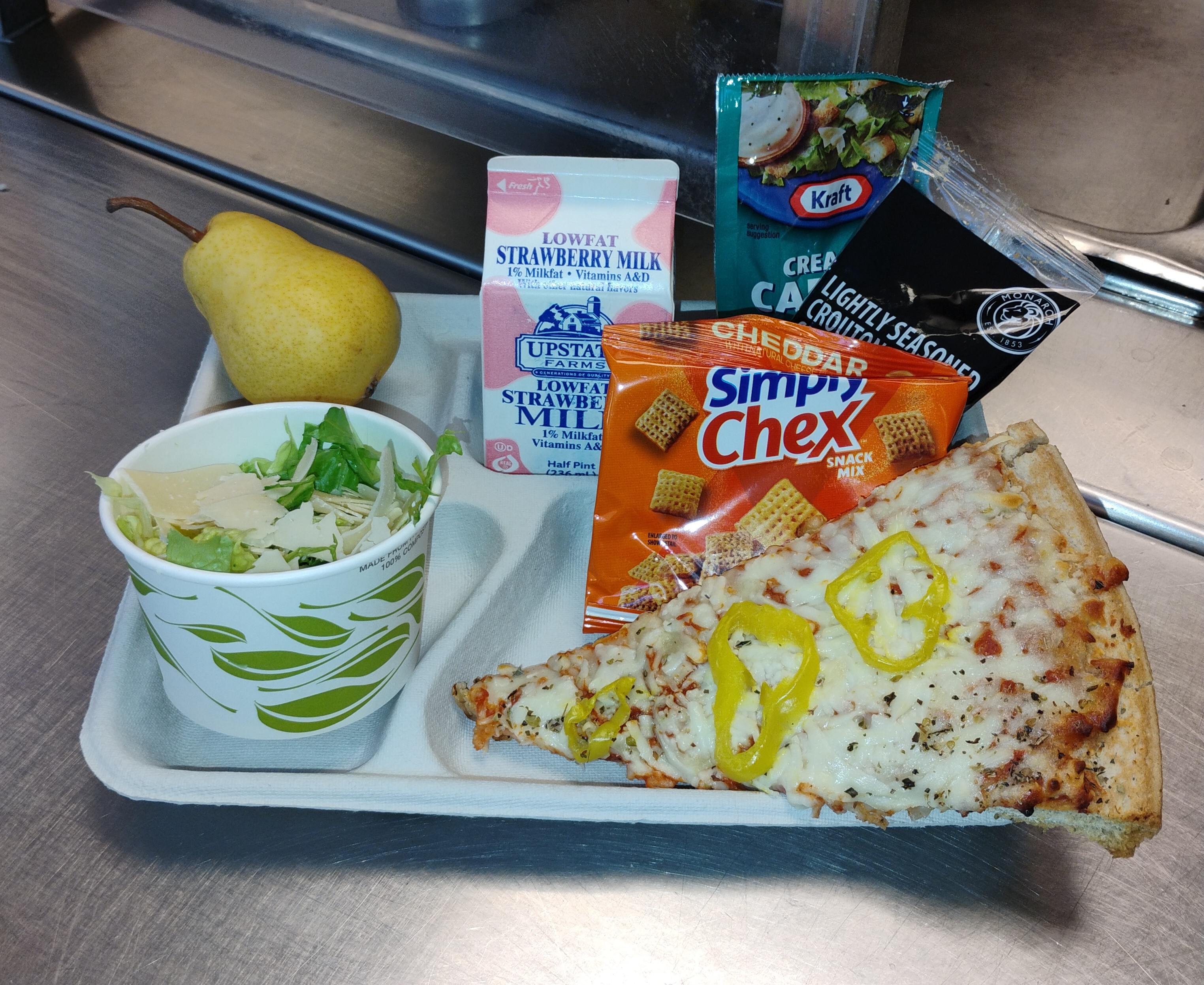 School 81- Lunch served on 10.27.25 Four Cheese Pizza w-banana peppers topping, Caesar Salad,Cheddar Simply Chex, Pear and Strawberry Milk