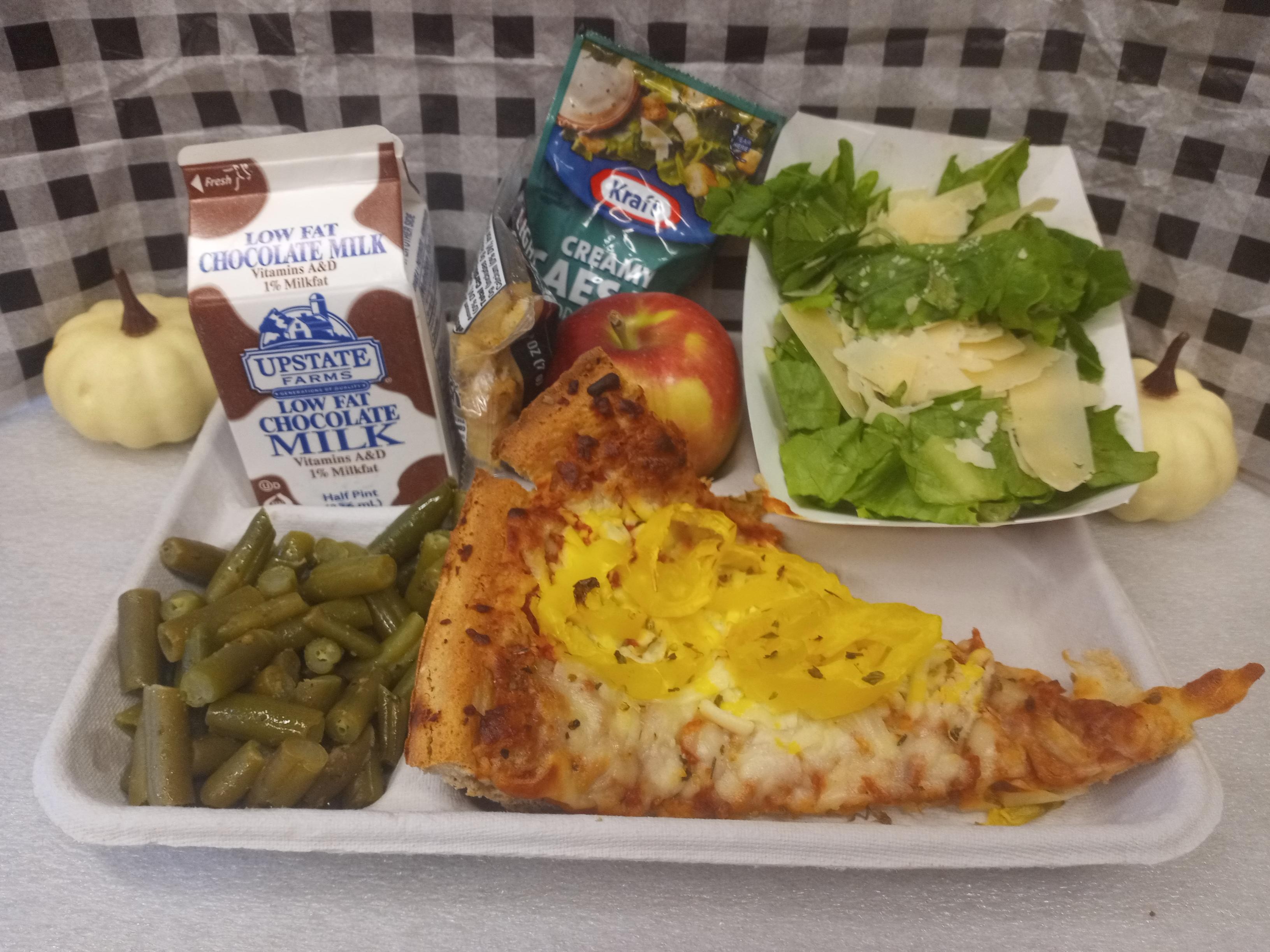 School 207- Lunch served on 10.27.25 Four Cheese Pizza w-banana peppers topping, Caesar Salad, Green Beans Apple and Chocolate Milk
