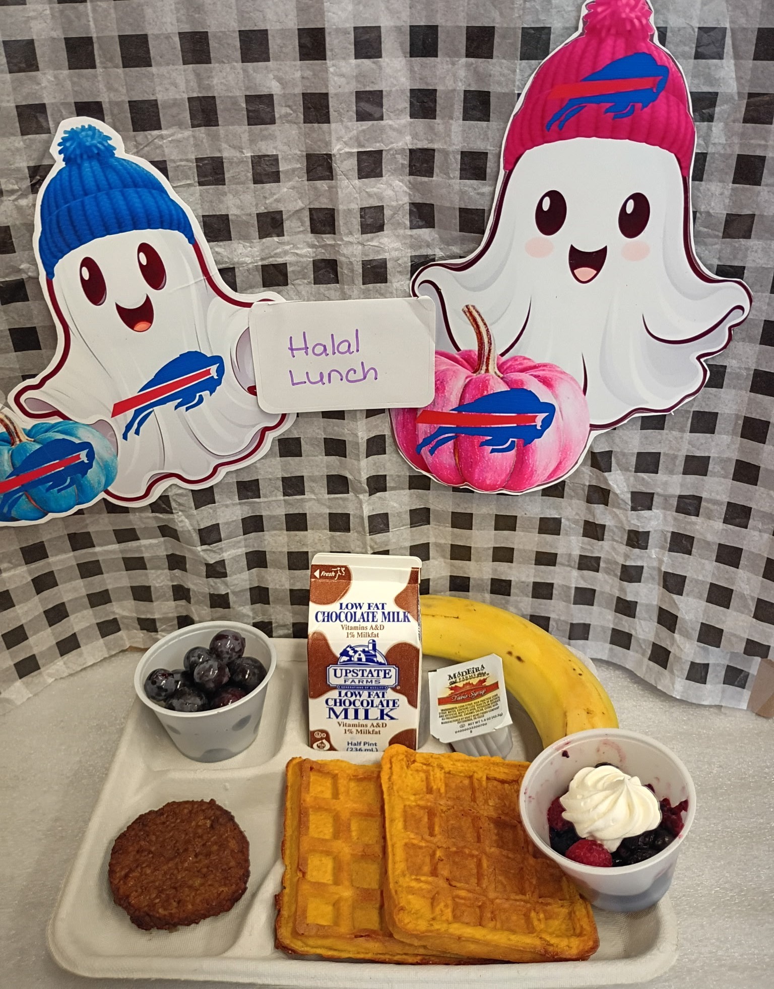 School 207- Lunch served on 10.29.25 NY Carrot Waffles, Halal Sausage, NY Grapes, Banana, Mixed Berry Cup Topped with Whipped Cream and Chocolate Milk