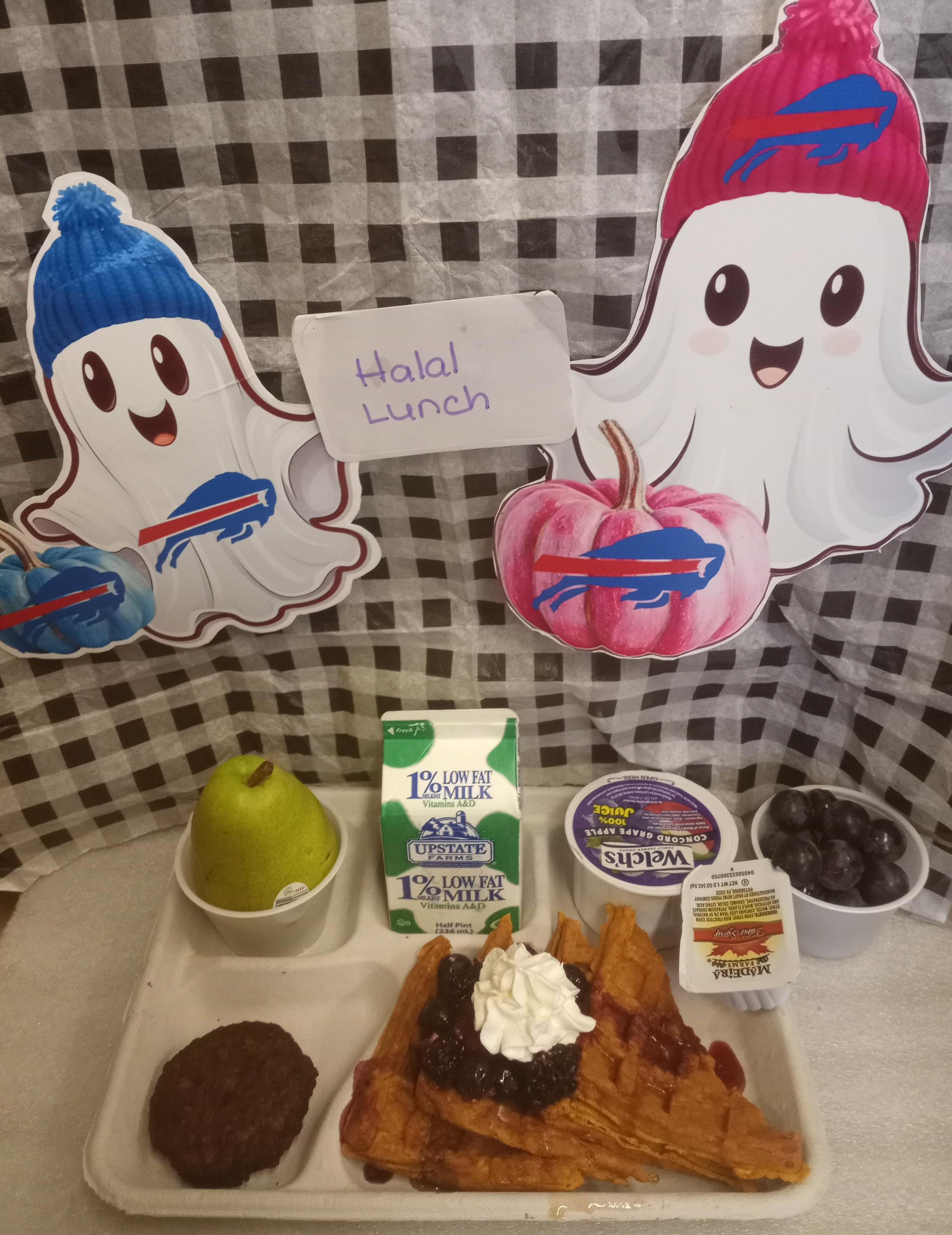School 207- Lunch served on 10.29.25 NY Carrot Waffles, Halal Sausage, NY Grapes, Pear, Mixed Berries Topped with Whipped Cream, Apple Grape Juice and Milk