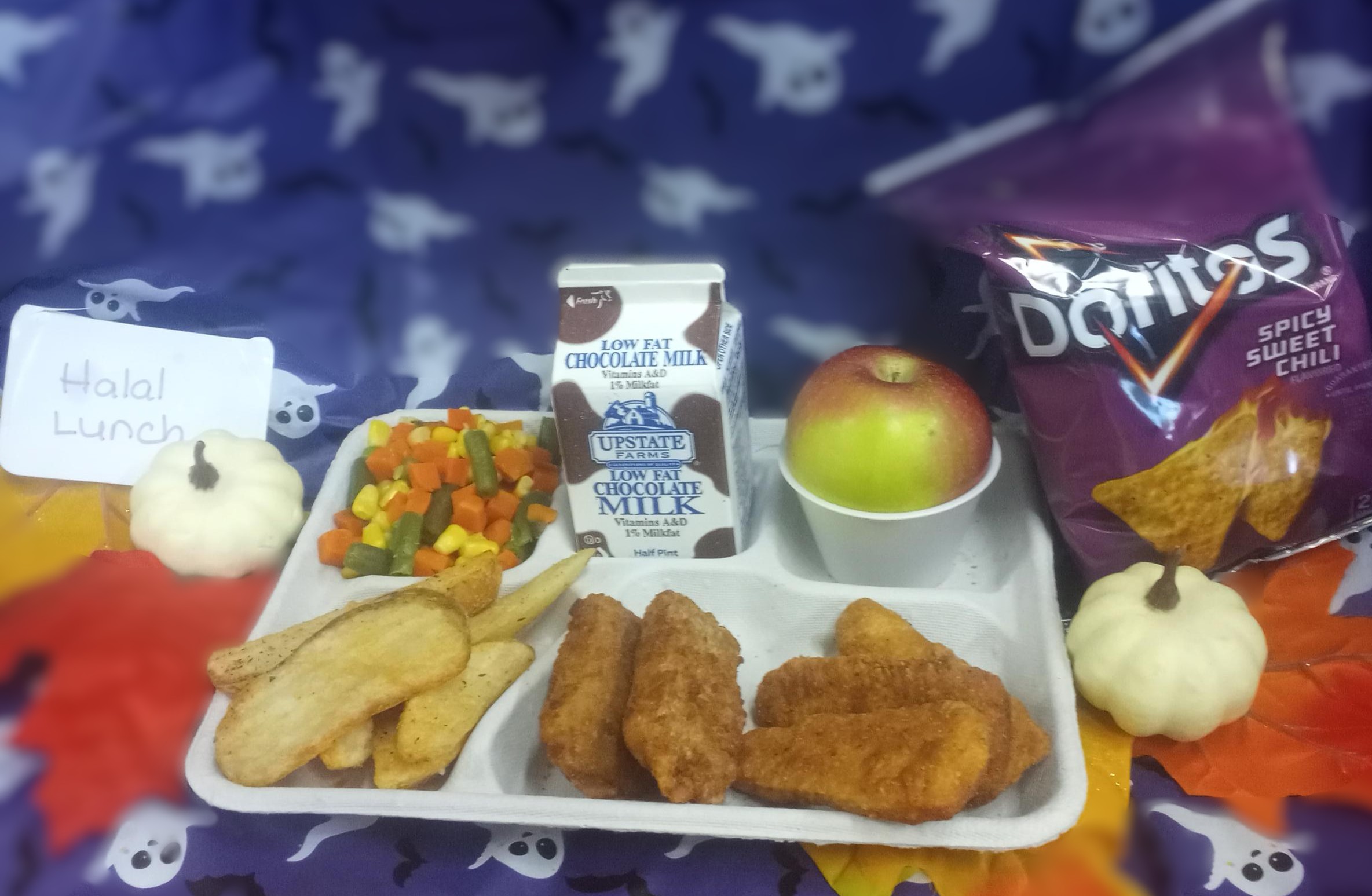 School 207- Halal Lunch served on 10.31.25 Chicken Tenders,Pizza Crunchers, Potatoes Wedges, Vegetable Medley, Apple and Chocolate Milk