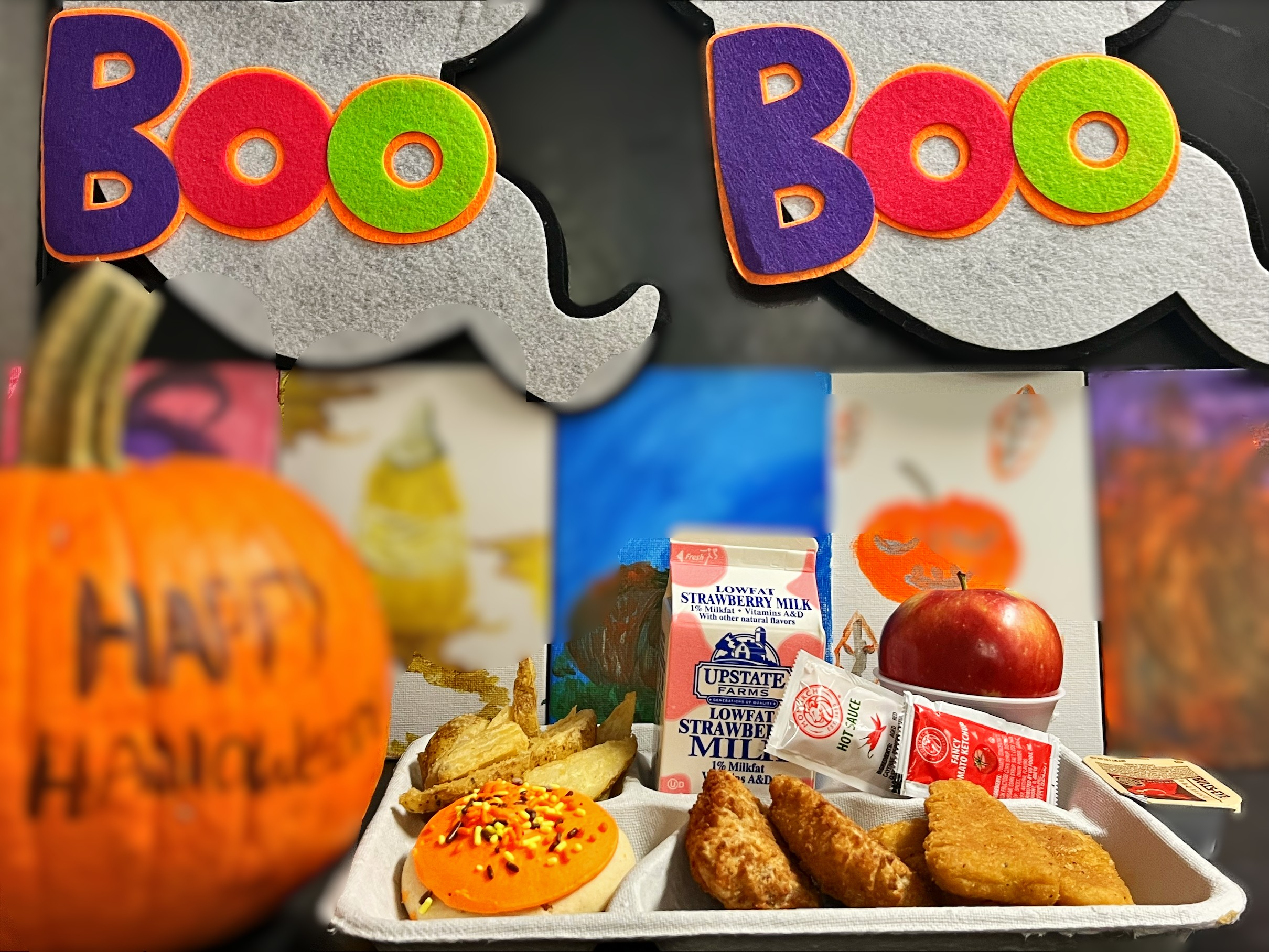 School 208- Lunch served on 10.31.25 Chicken Tenders, Pizza Crunchers, Potato Wedges, Halloween Sugar Cookie, Apple and Strawberry Milk