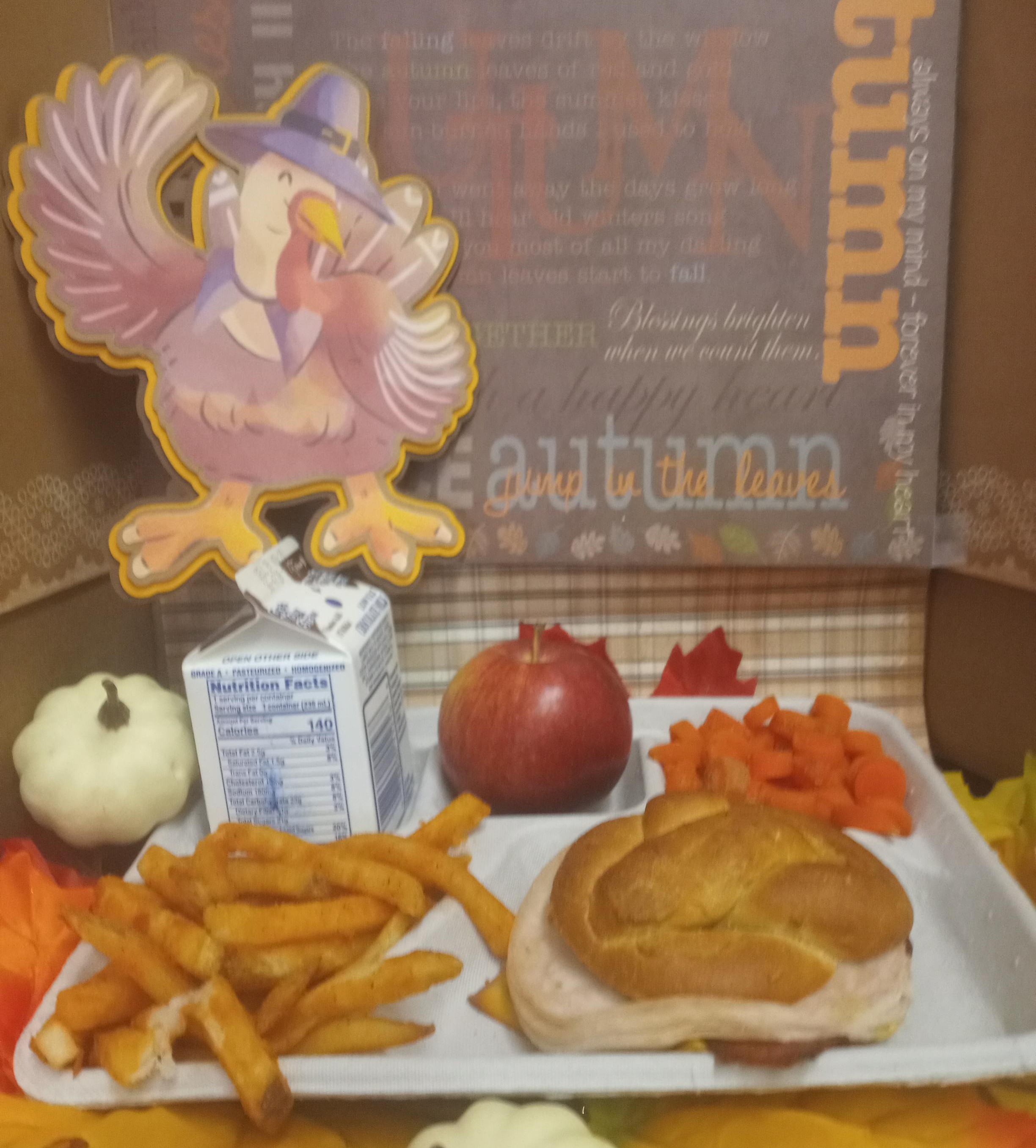 School 207- Lunch served on 11.12.25 Turkey & Cheese Melt on Pretzel Bun, Carrots, French Fries, Apple and Chocolate Milk