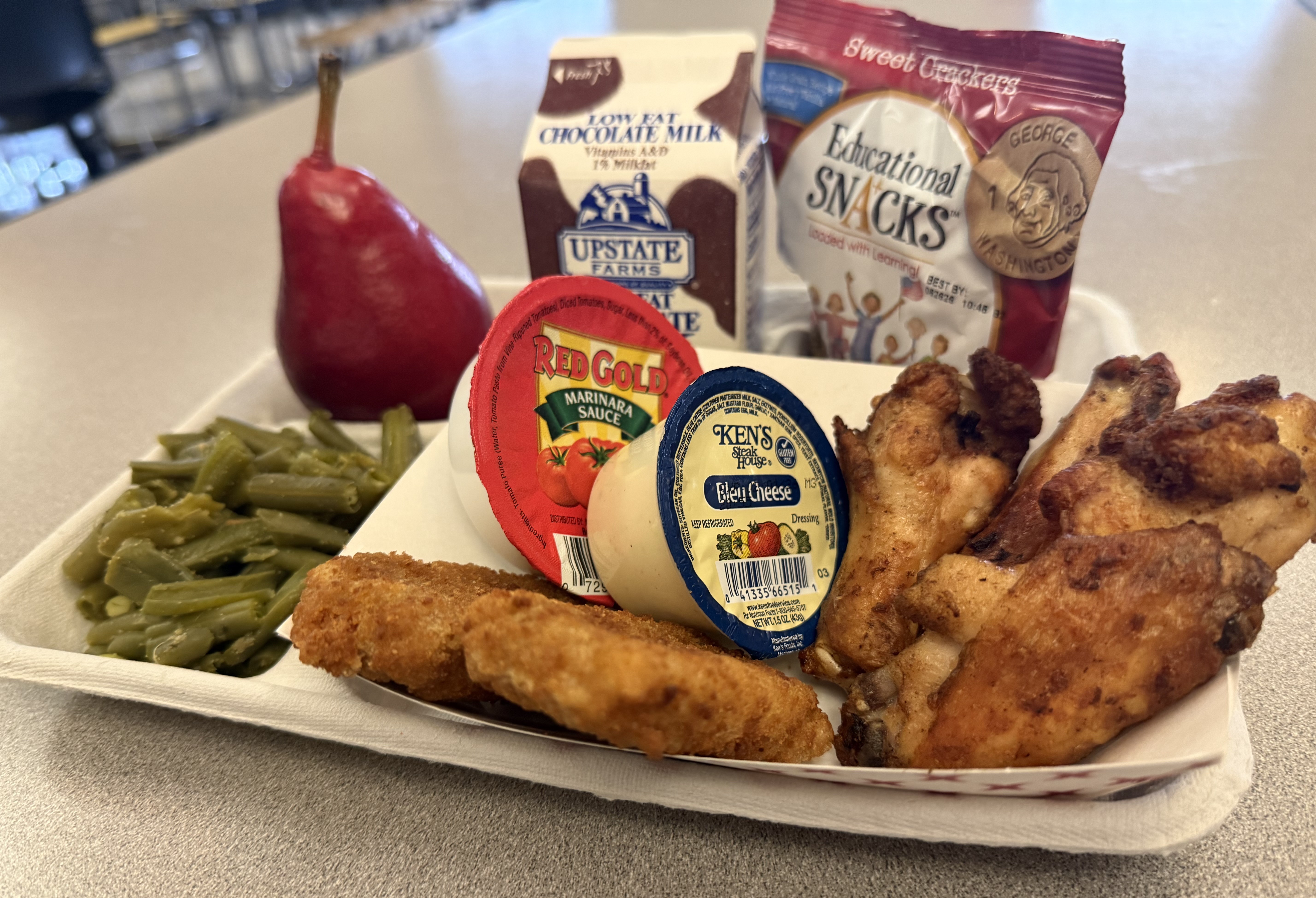 School 80- Lunch served on 11.14.25 Chicken Wing,Pizza Crunchers, Green beans, Pear, Educational Snacks & Chocolate Milk