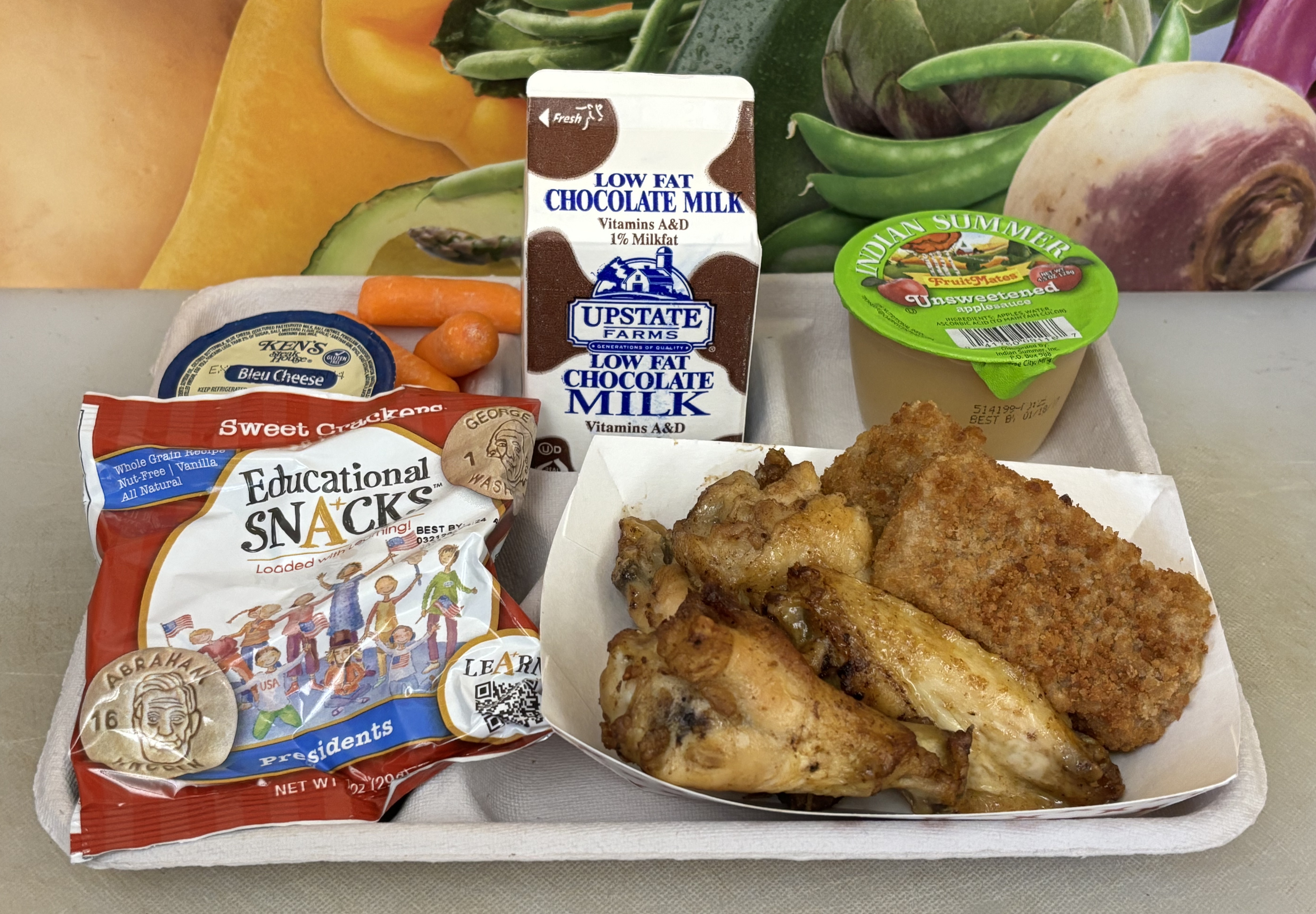 School 61- Lunch served on 11.14.25 Chicken Wing,Pizza Crunchers, Baby Carrots , Apple Sauce, Educational Snacks & Chocolate Milk