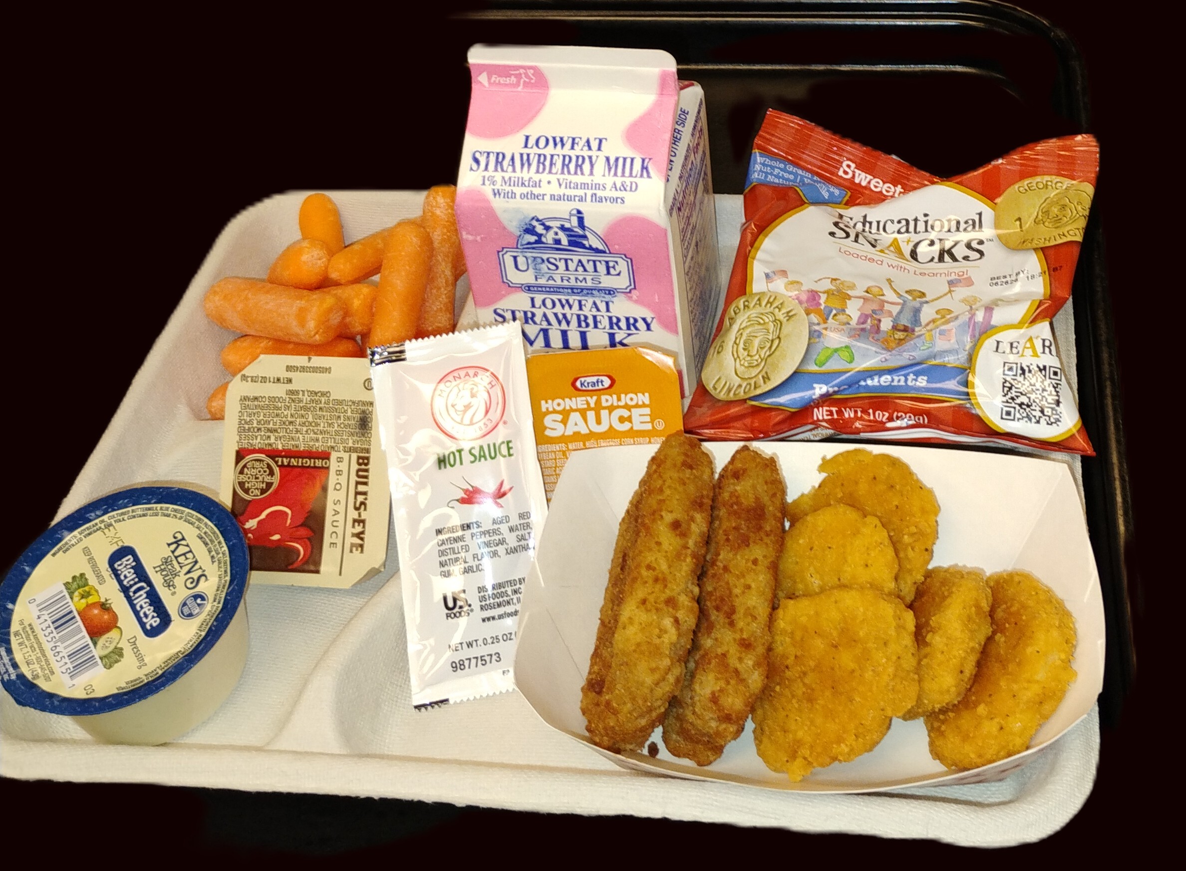 School 81- Lunch served on 11.14.25 Plant Based Chk'n Tenders,Pizza Crunchers, Baby Carrots, Educational Snacks & Strawberry Milk