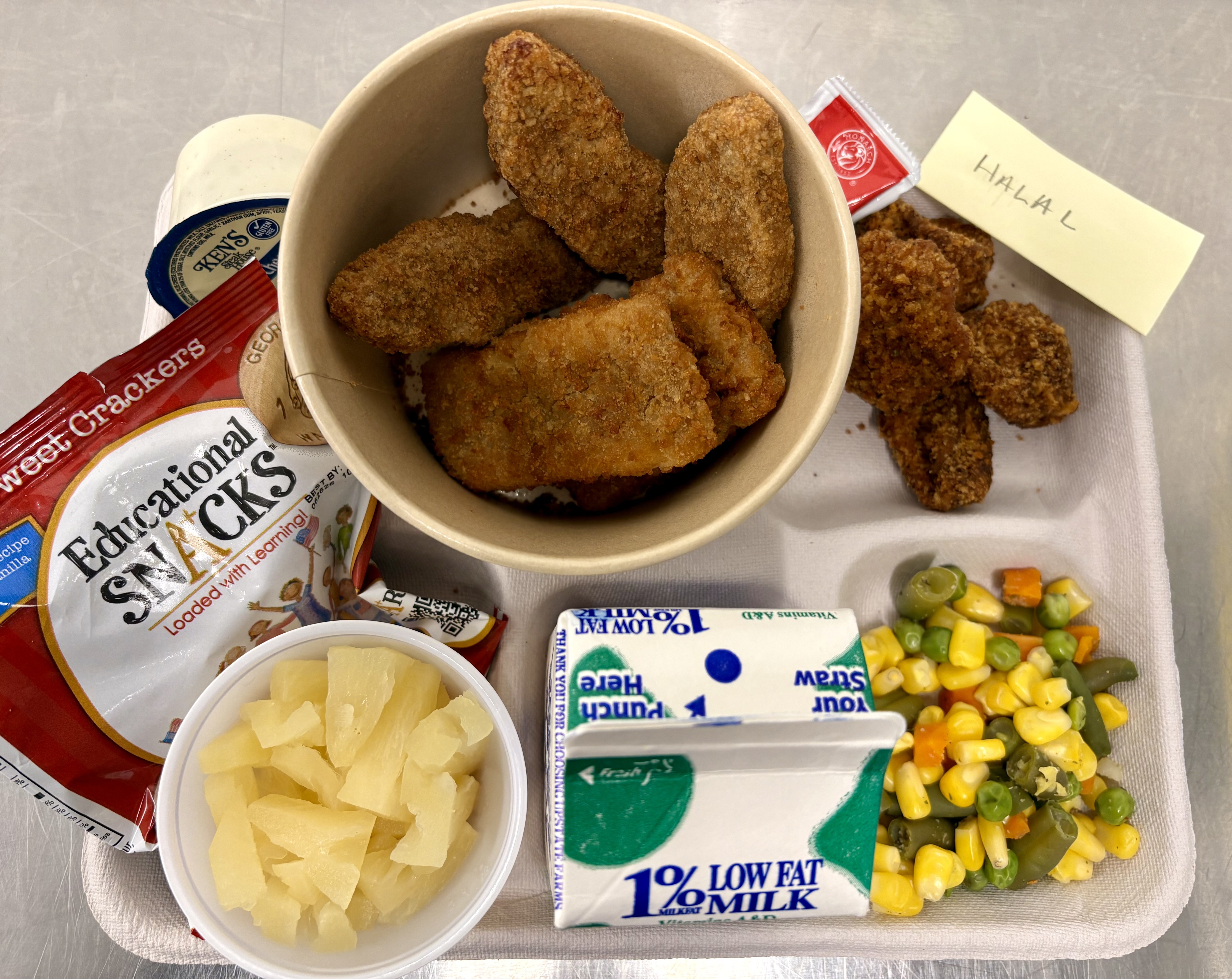 School 50- Lunch served on 11.14.25 Halal Chicken Nuggets,Pizza Crunchers, Vegetable Medley, Breaded Mushrooms, Pineapple Chunks, Educational Snacks & Milk