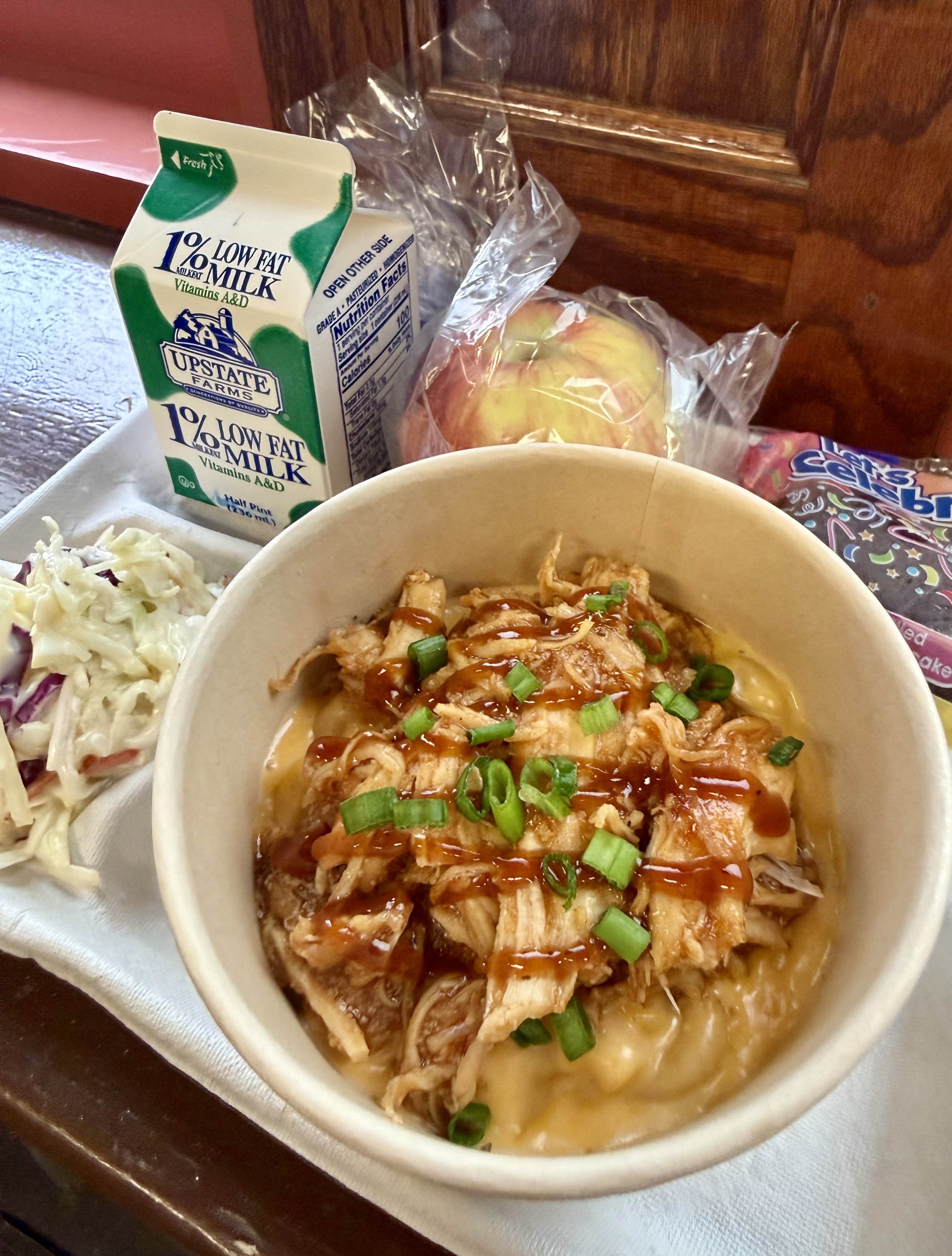 School 207- BBQ Pulled Chicken Mac and Cheese Bowl, Garlic Parmesan, Cole slaw, Apple, Chocolate Cupcake and Milk 