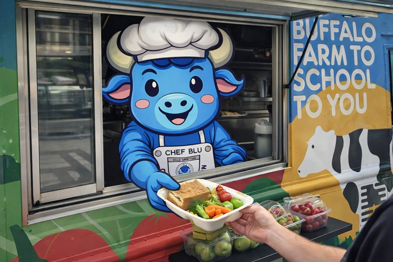 Chef blue - Food Service Mascot serving on the food truck