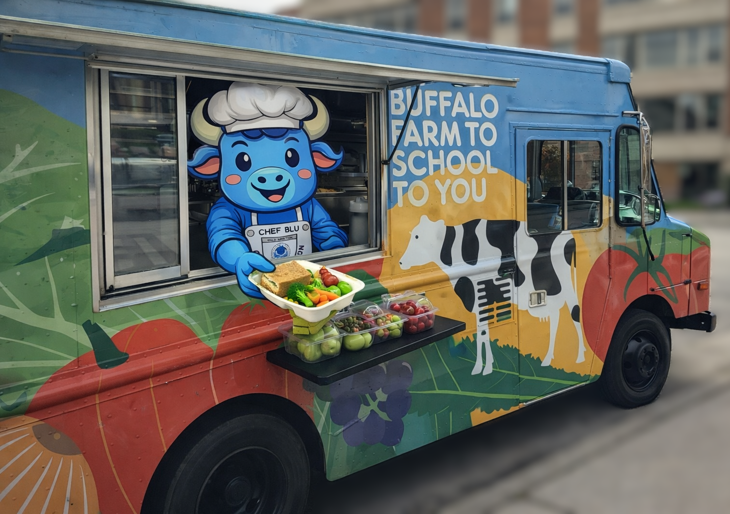 Chef blue - Food Service Mascot serving on the food truck
