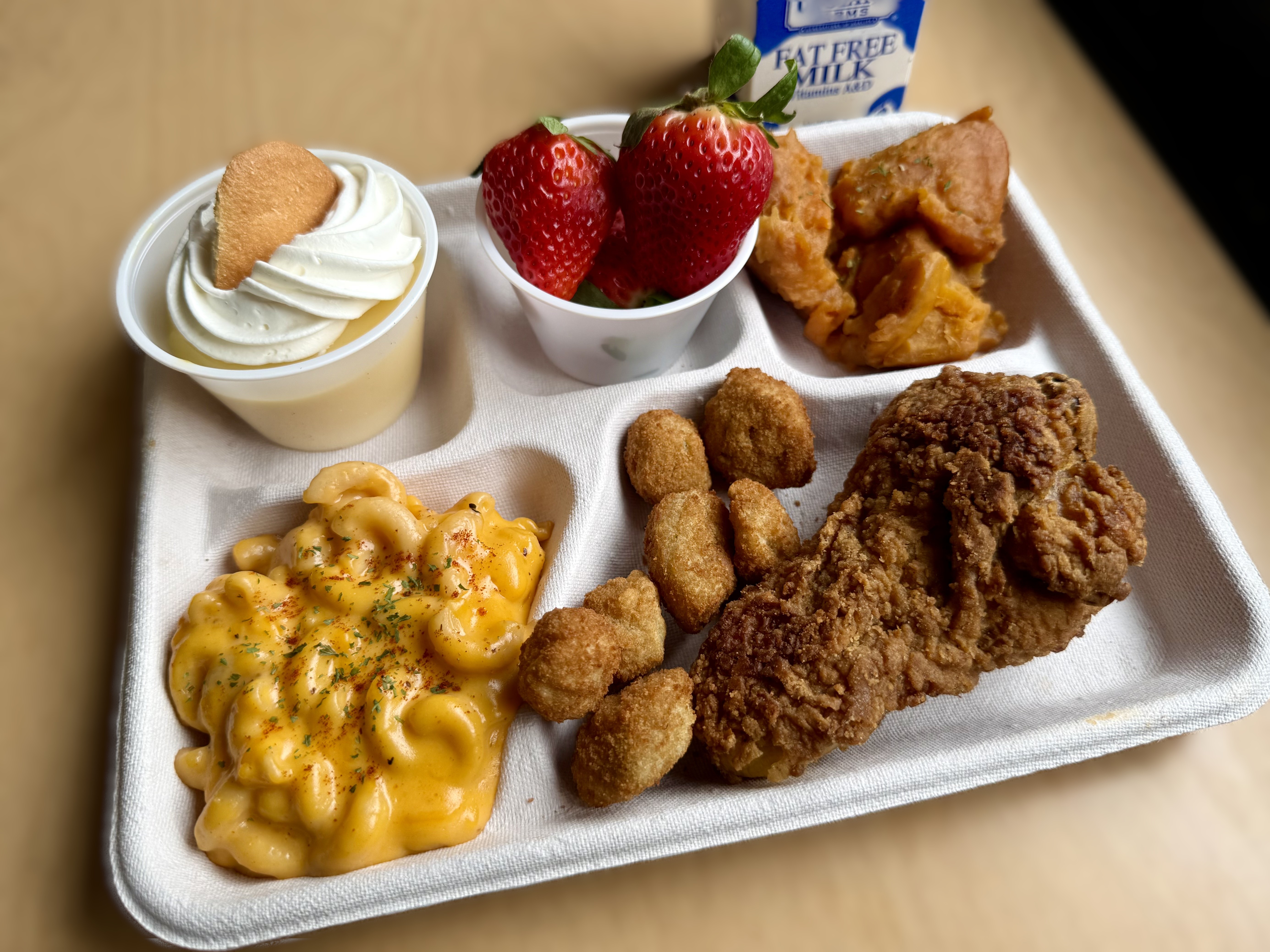 Bennett HS- Lunch served on 2.27.26 Celebrating BHM Breaded chicken, Mac & Cheese, tator tots, pizza crunchers, vanilla pudding, strawberries and milk