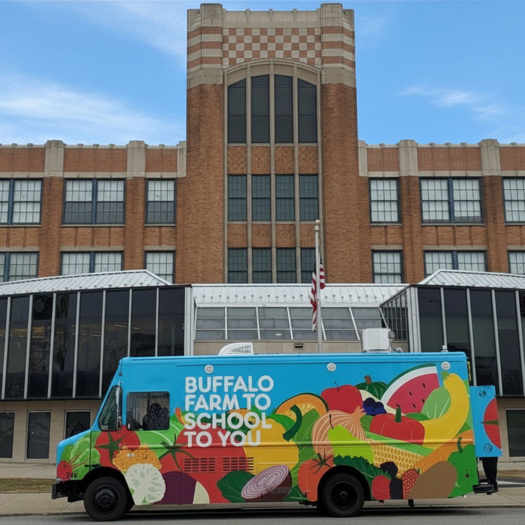 Farm to school food truck in front of Burgard high School