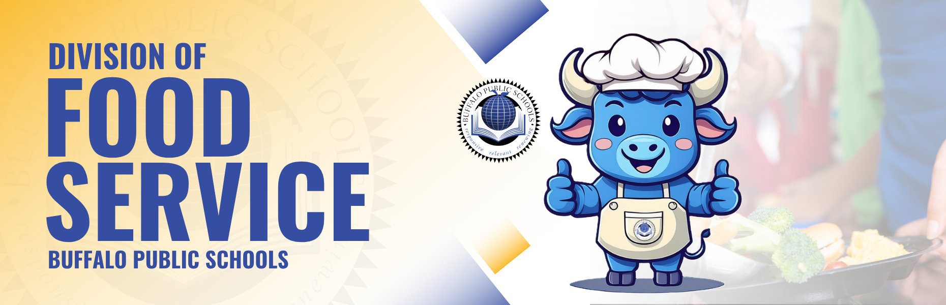 Food Service Banner picture of a cartoon buffalo with an apron on 