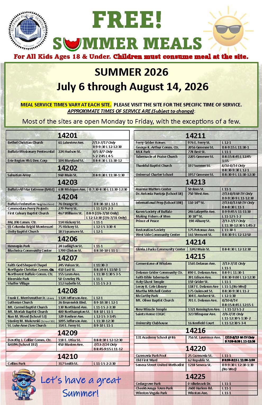 Summer Program 2026- List of Sites offering free Breakfast, Lunch or Snack
