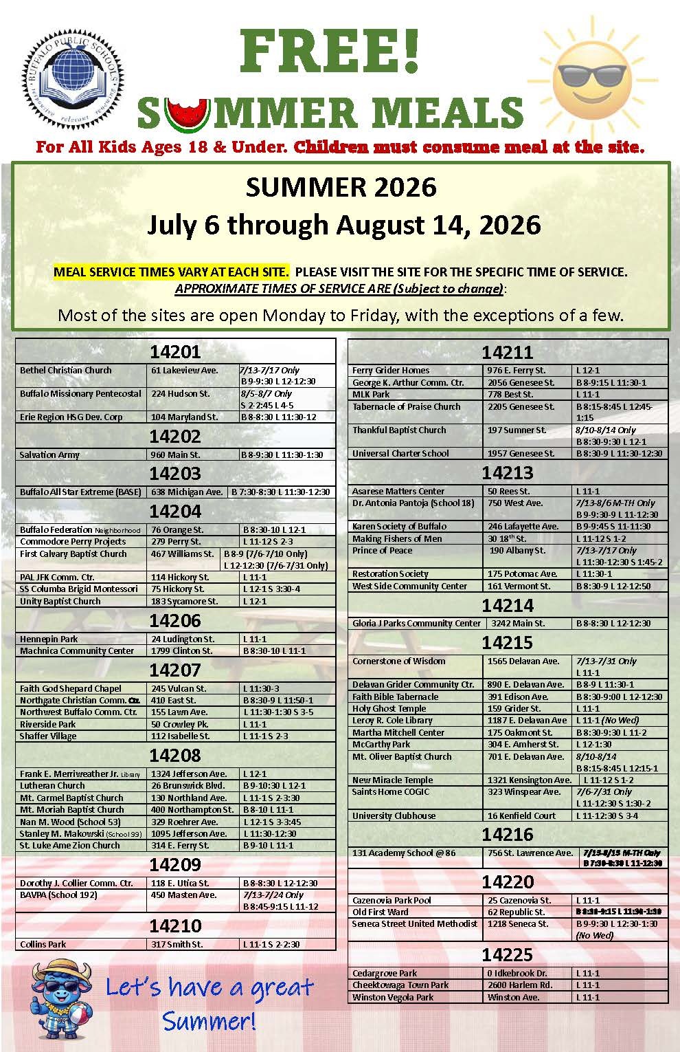 Summer Program 2026- List of Sites offering free Breakfast, Lunch or Snack
