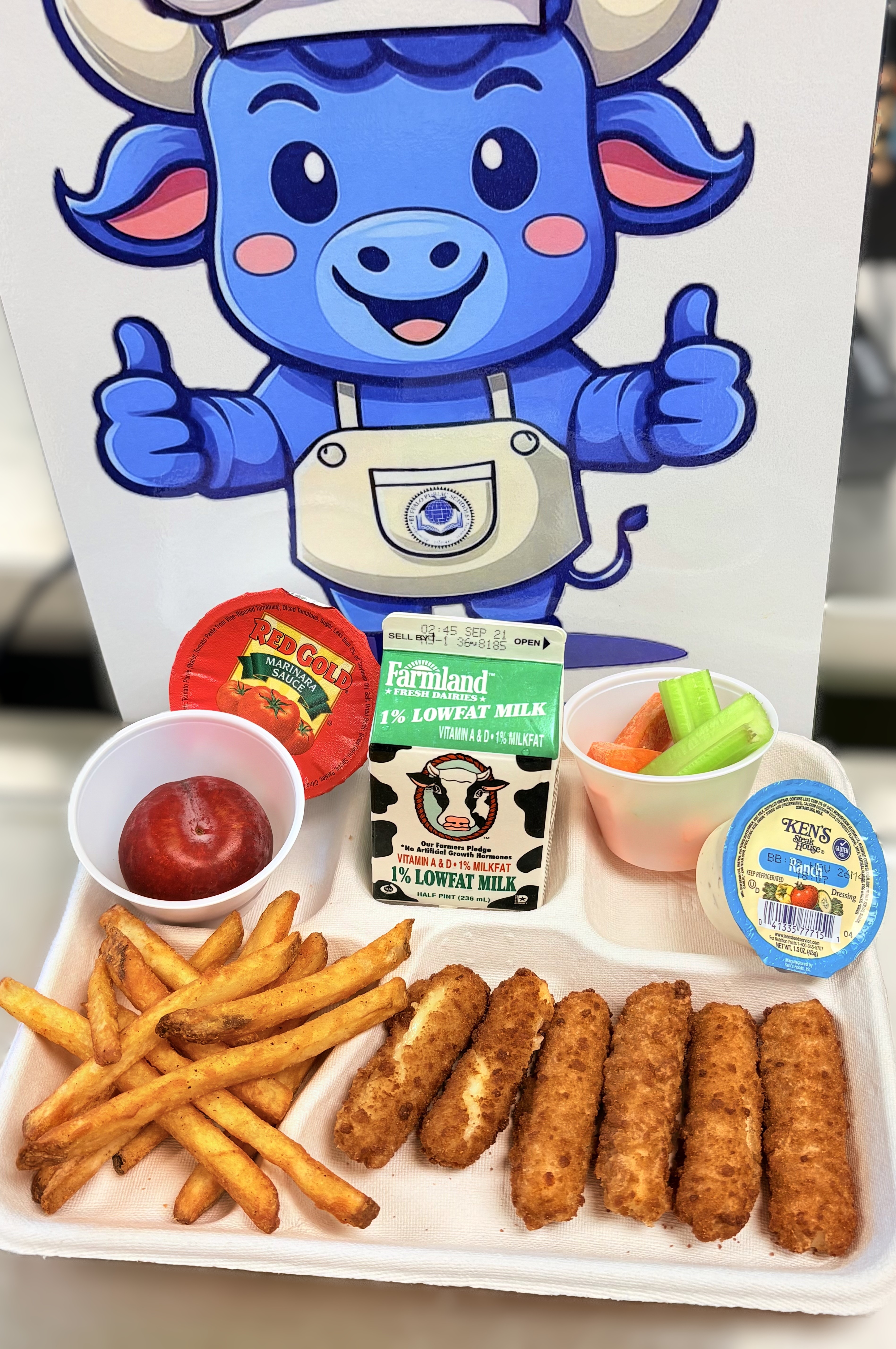 School 198- Lunch served on 9.14.26 Mozzarella Stick, Marinara Cup, French Fries, Celery&Carrot Sticks, Ranch Dressing, Apple and Chocolate Milk