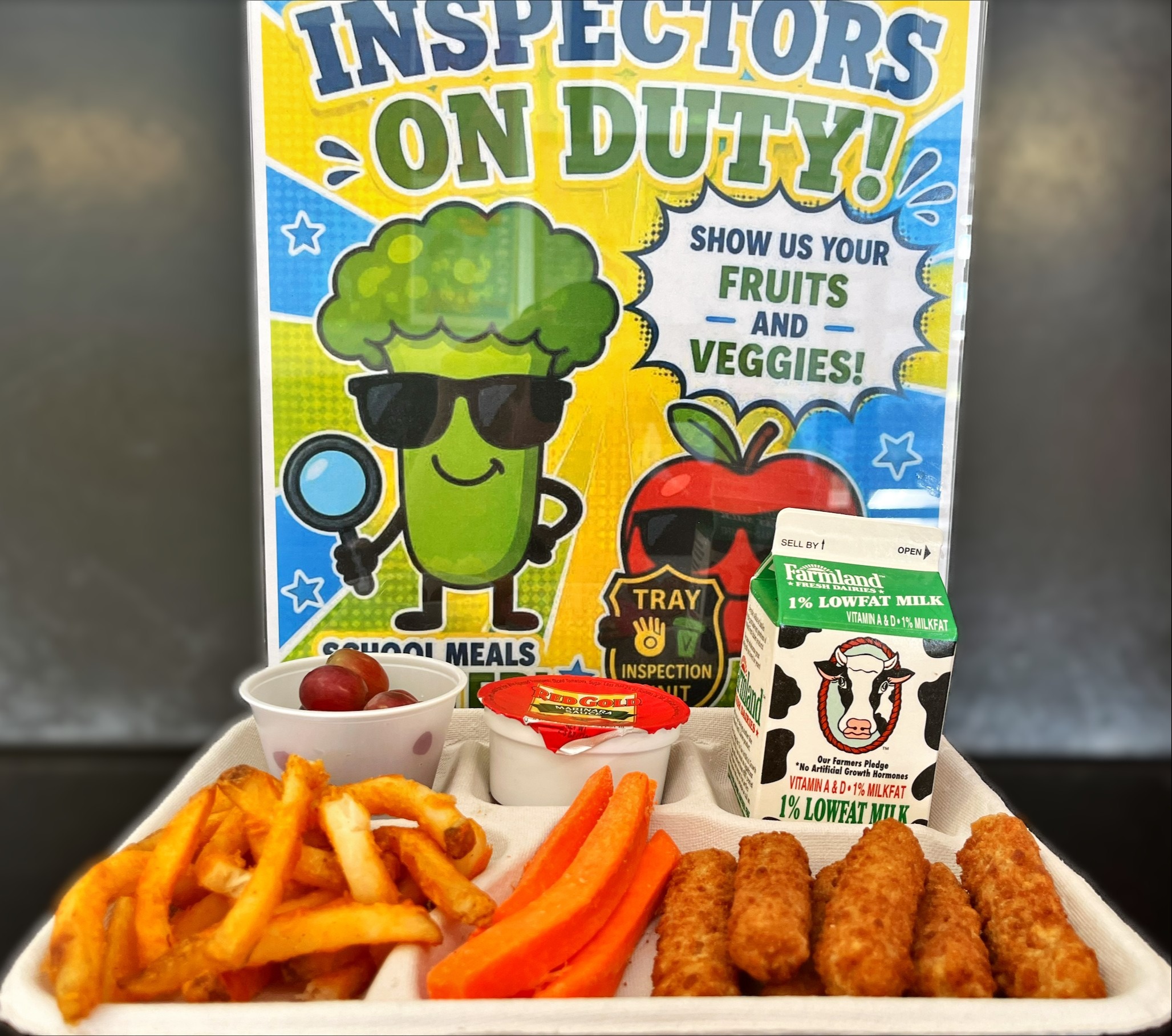School 363- Lunch served on 9.14.26 Mozzarella Stick, Marinara Cup, French Fries, Carrot Sticks, Ranch Dressing, Grapes and Milk