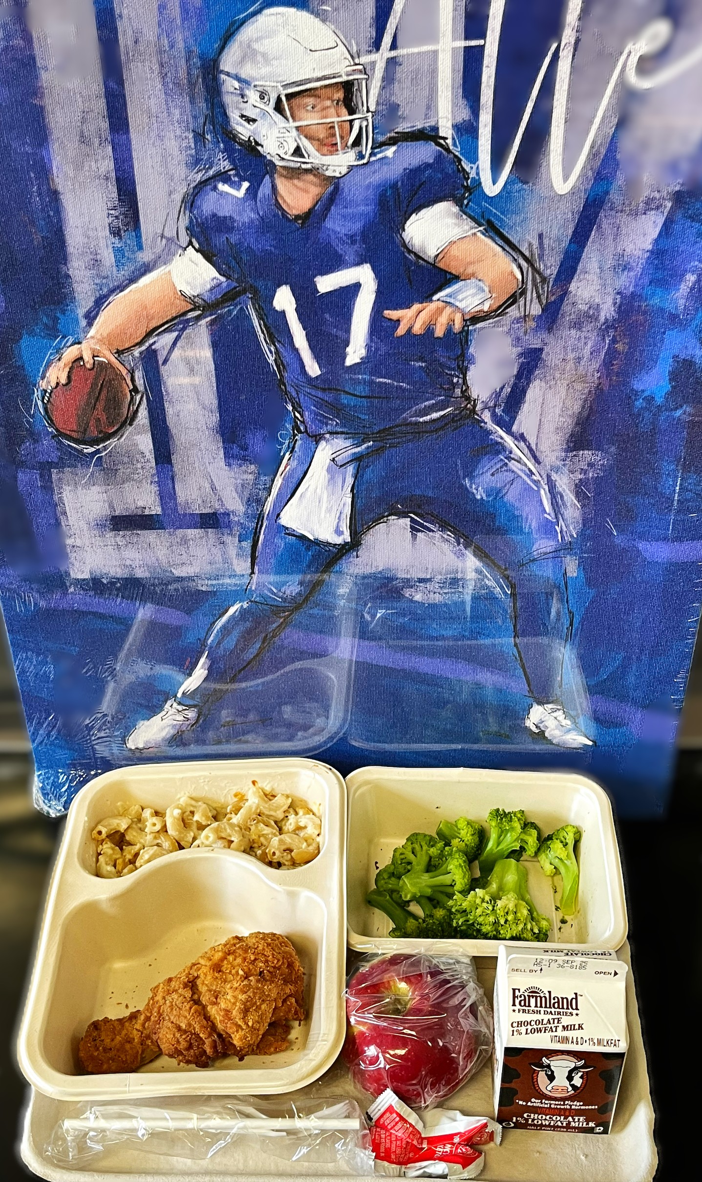 School 65- Lunch served on 9.15.26 Breaded Chicken Leg, WG Twisted Elbows, Alfredo Sauce, Roasted Broccoli, Apple, Chocolate Milk
