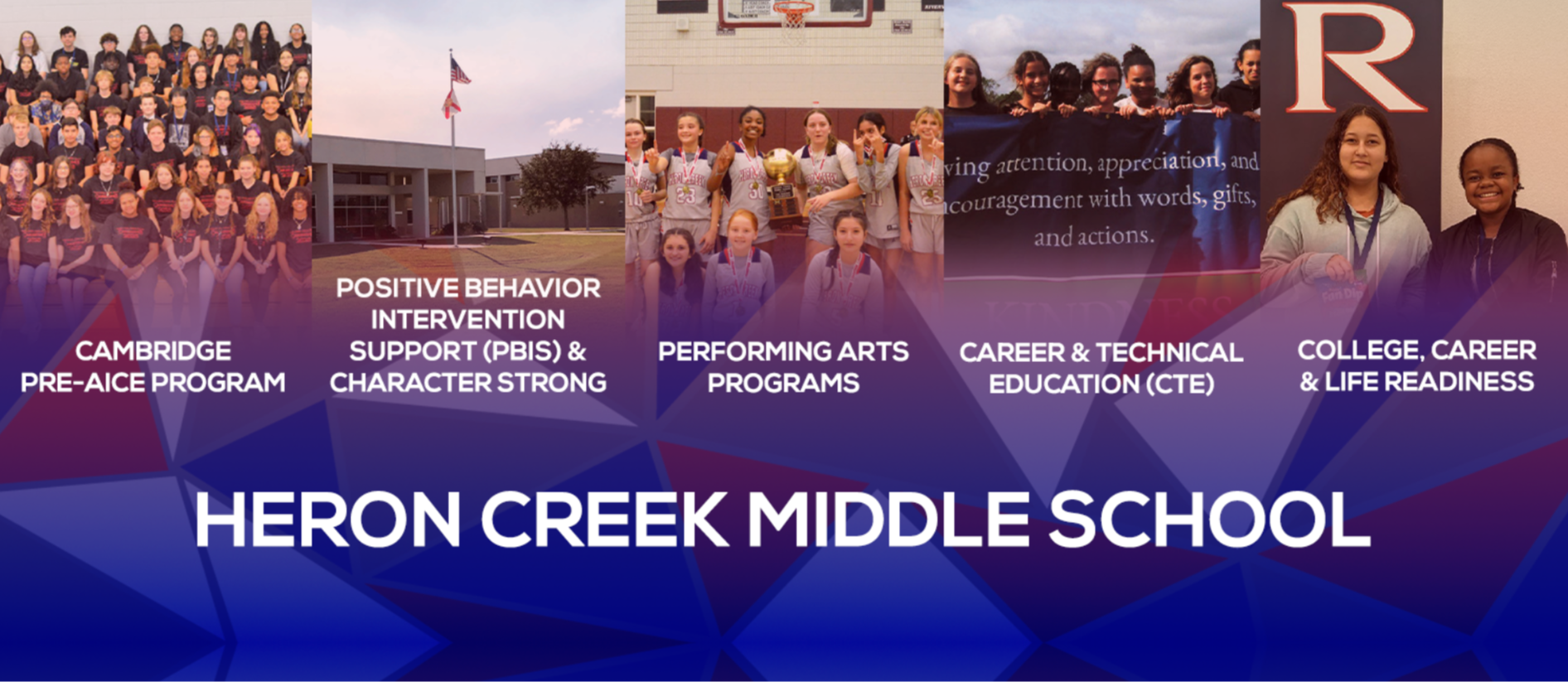Image of a the programs that Heron Creek middle school promotes  cambridge pre-aice program, positive behavior intervention support (PBIS) & character strong, performing arts programs, career & technical education (CTE), College, Career & life readiness
