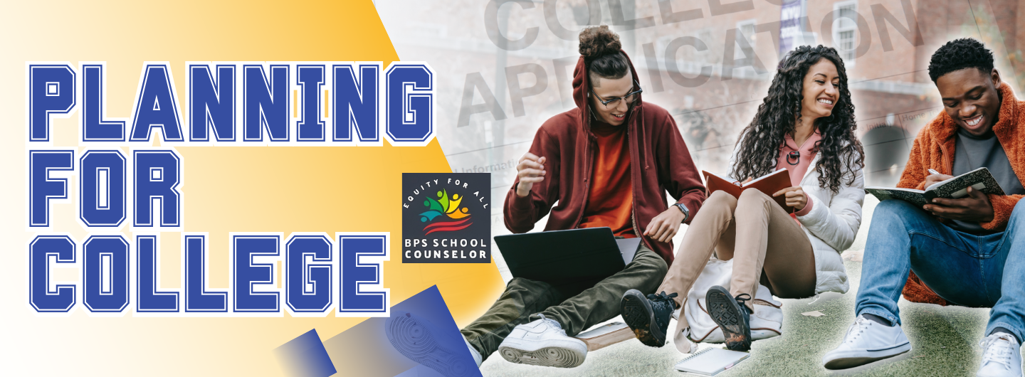 Banner graphic for Buffalo Public Schools counseling services titled ‘Planning for College.’ The image includes a close-up of a college application form with a pen resting on it. The Buffalo Public Schools School Counselor logo with the words ‘Equity for All’ appears in the upper left.
