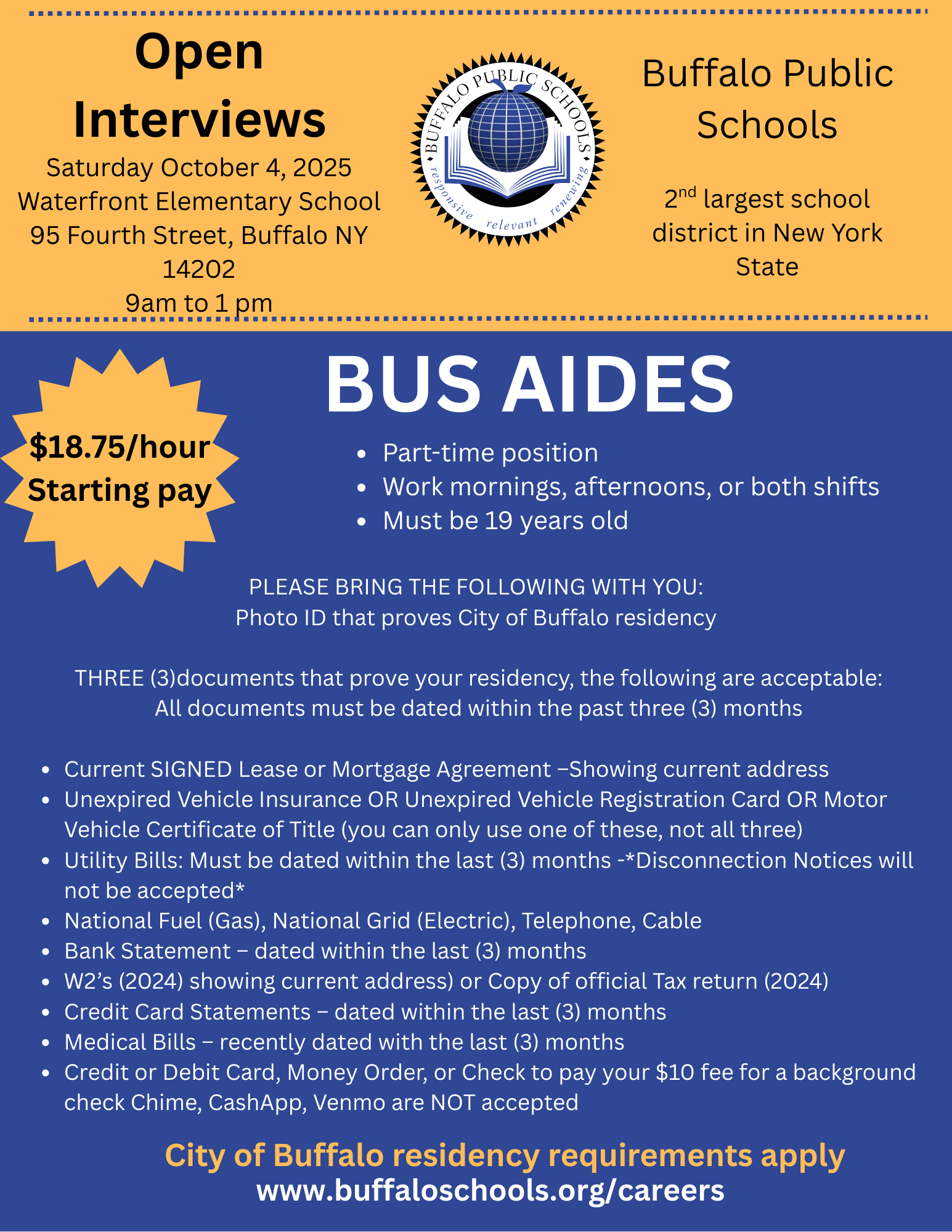Bus Aide Open Interviews Saturday October 4, 2025 from 9 am to 1 pm at Waterfront Elementary School. 95 Fourth Stree