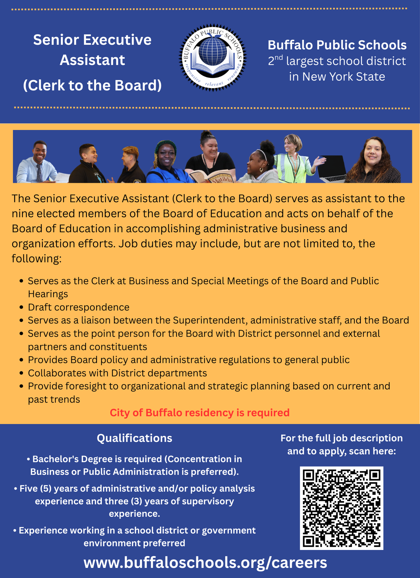 Senior Executive Assistant (Clerk to the Board) job opening. Visit www.buffaloschools.org/careers to apply 