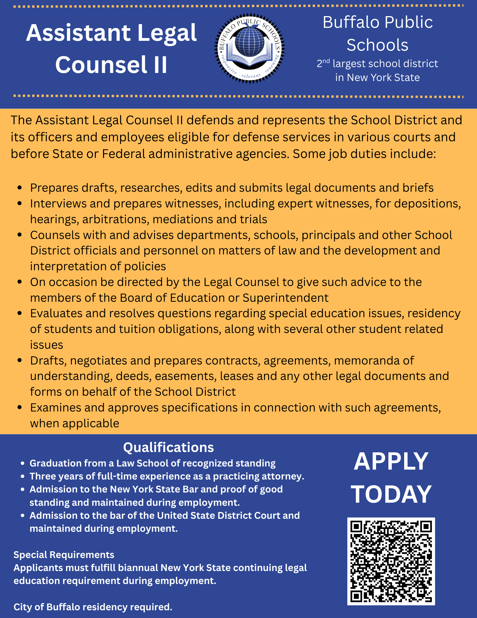 BPS is hiring an Assistant Legal Counsel 2. Must be a resident of the City of Buffalo.