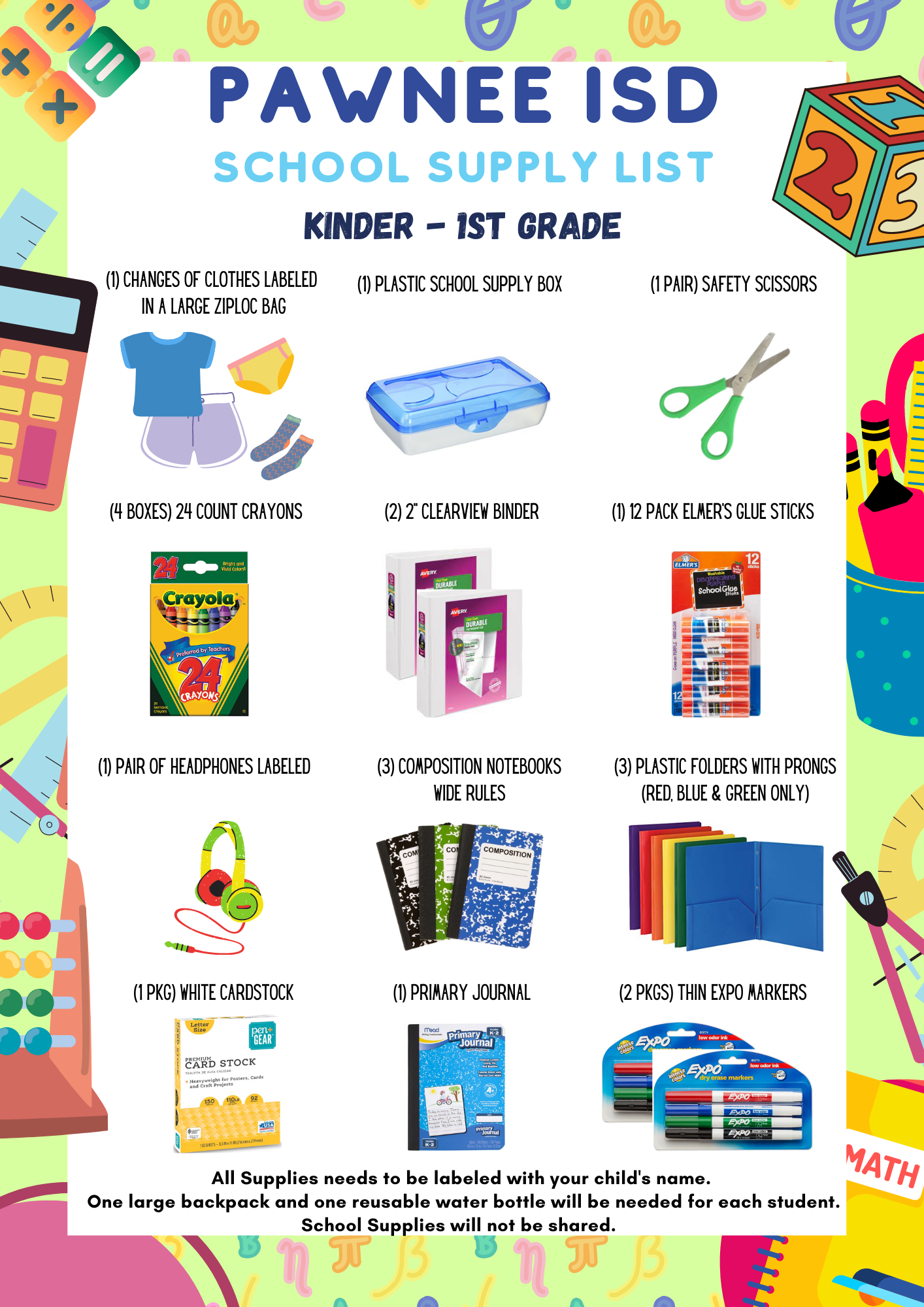 Kinder-1st Grade School Supplies