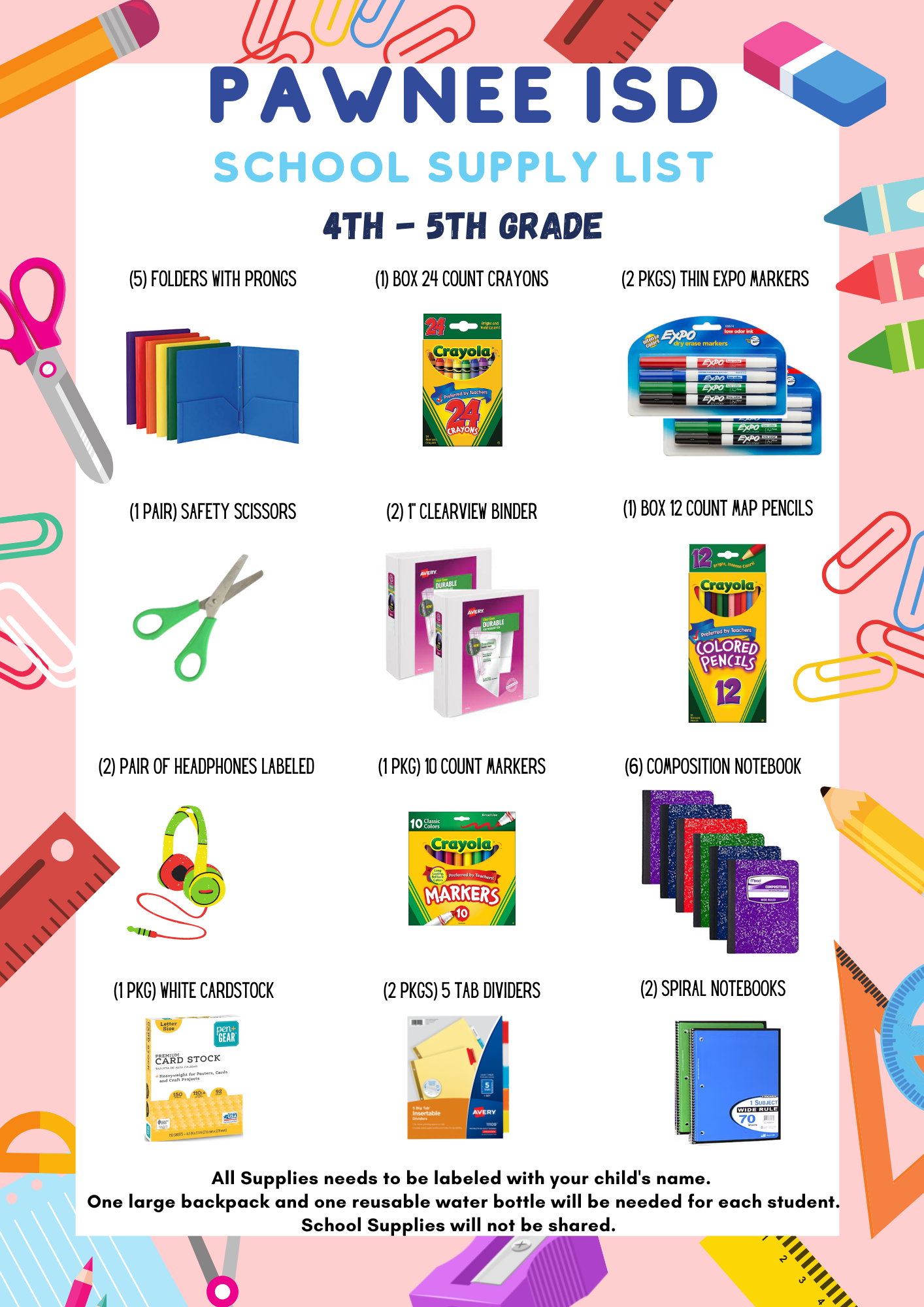 4th & 5th Grade School Supplies