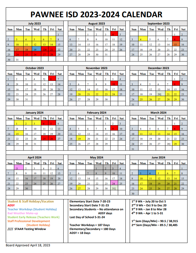 Pawnee Independent School District Calendar 2024-2025