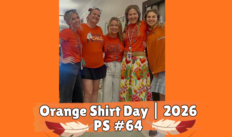 Teachers from School 64 wearing orange shirts.