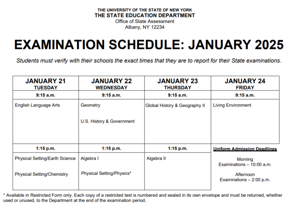 January 2025 Regents Exam Schedule