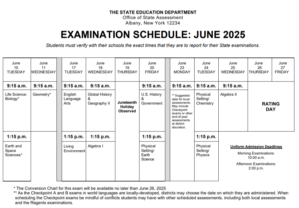 June  2025 Regents Exam Schedule