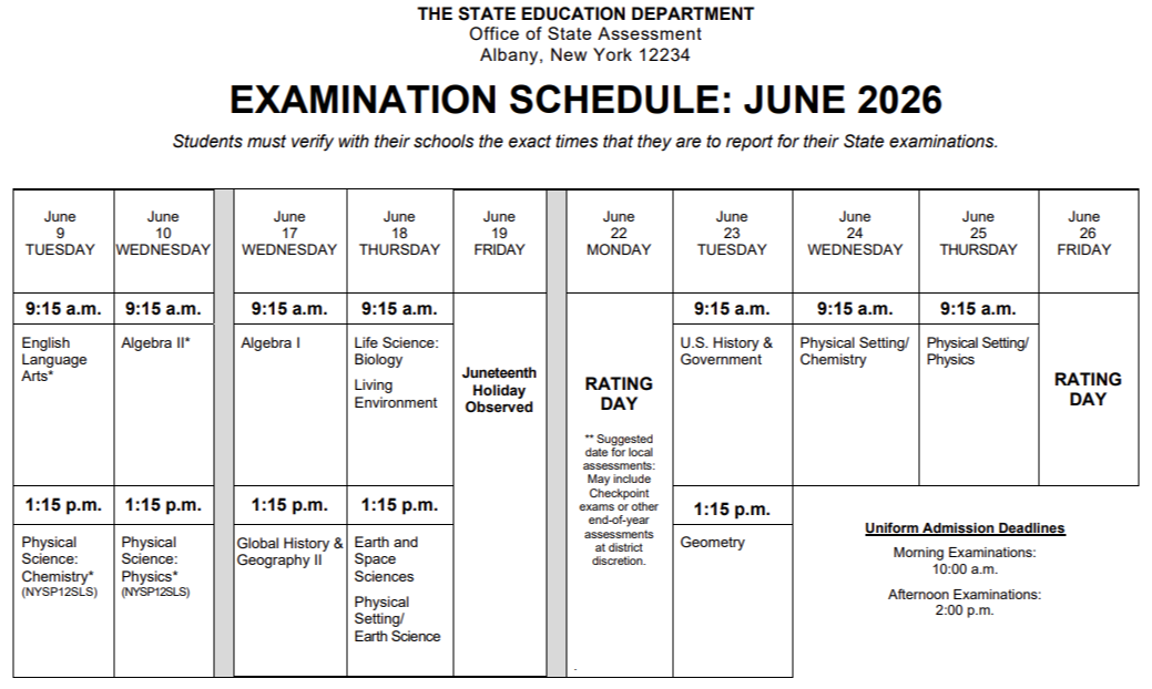 June  2026 Regents Exam Schedule