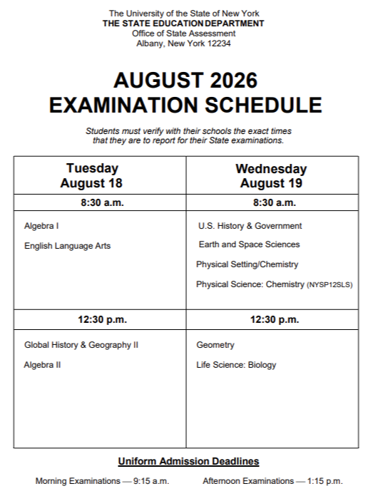 August  2026 Regents Exam Schedule