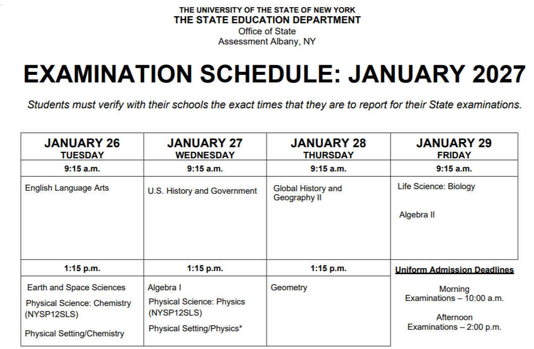 January  2027 Regents Exam Schedule