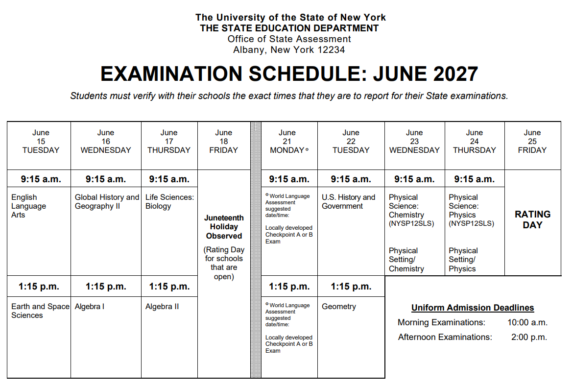 June  2027 Regents Exam Schedule