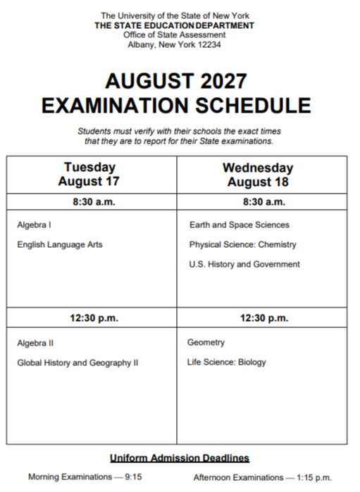 August 2027 Regents Exam Schedule