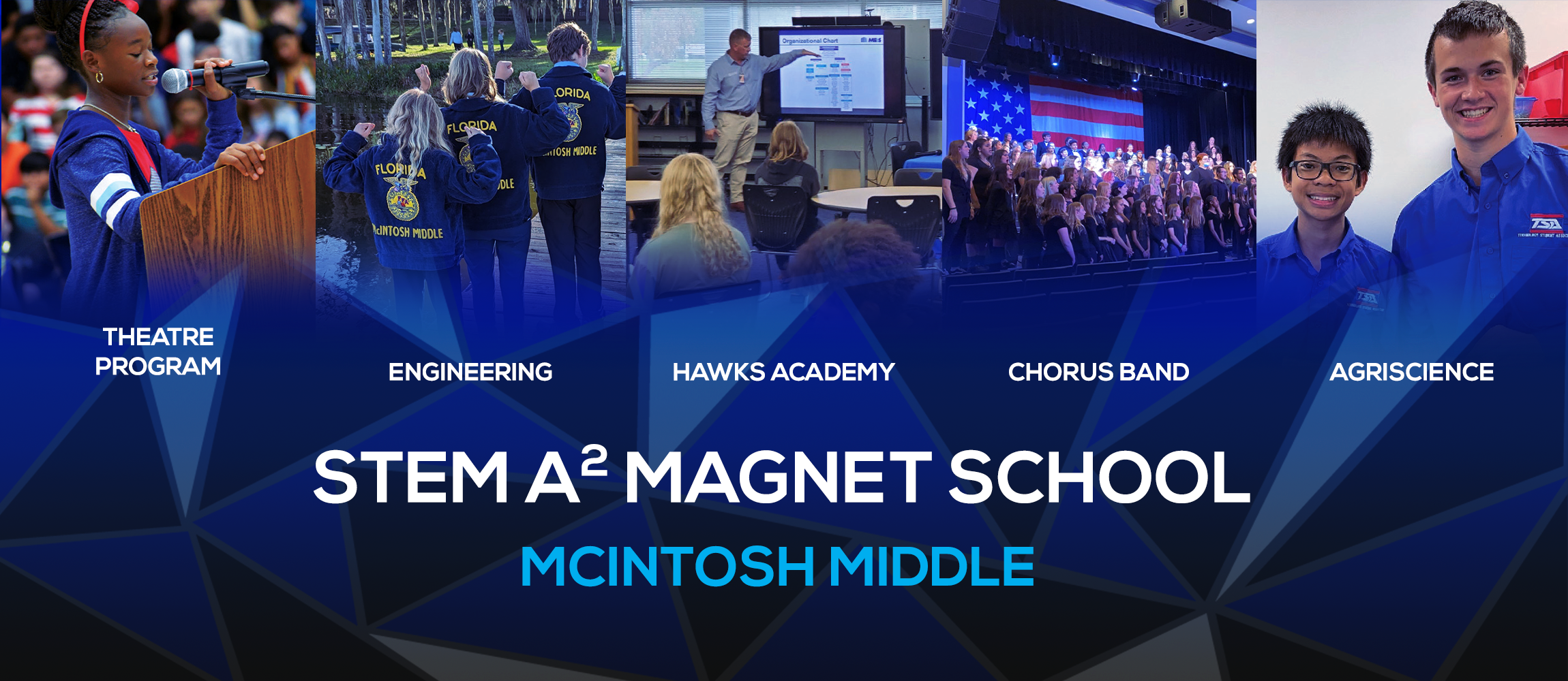 banner that shows different images of students and their associated programs for STEM A squared Magnet School which are theatre program, engineering, hawks academy, chorus band, agriscience